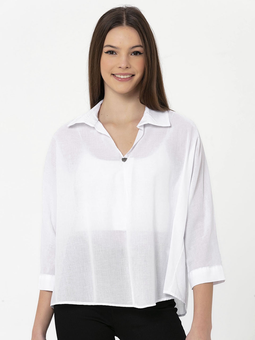 

Miss Poem Women White Solid Pure Cotton Shirt Style Top