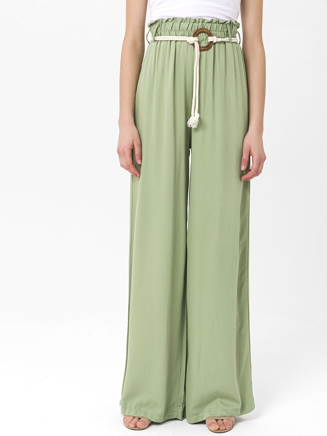 

Miss Poem Women Green Loose Fit High-Rise Pleated Trousers With Belt