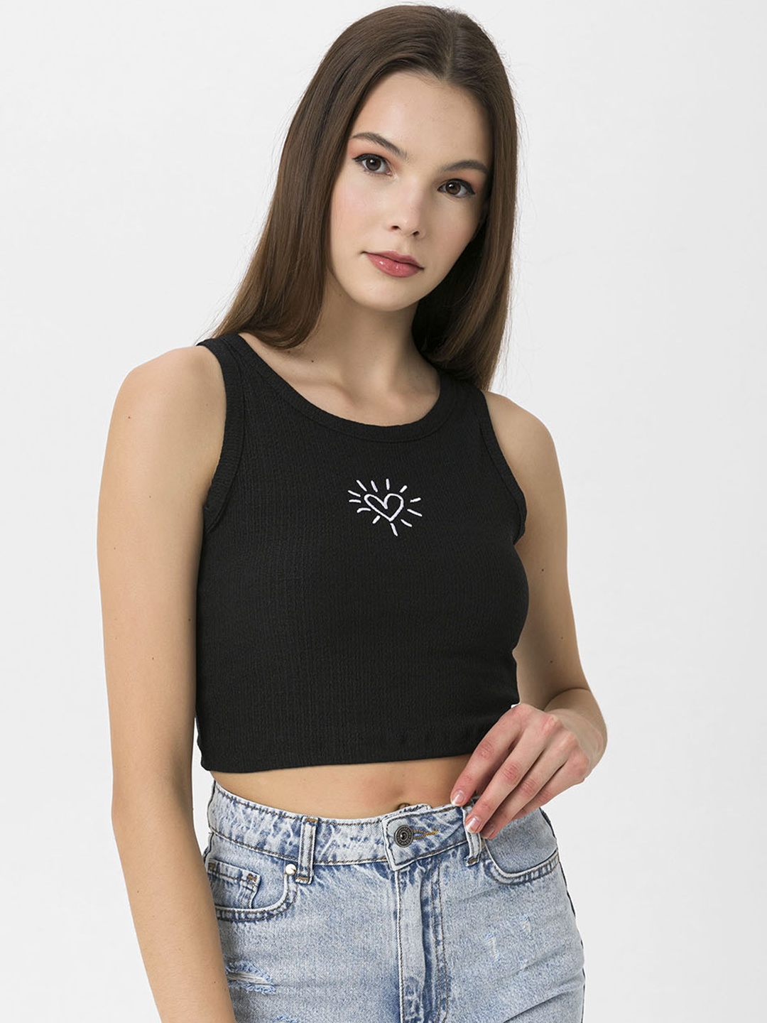 

Miss Poem Black Embroidered Crop Top