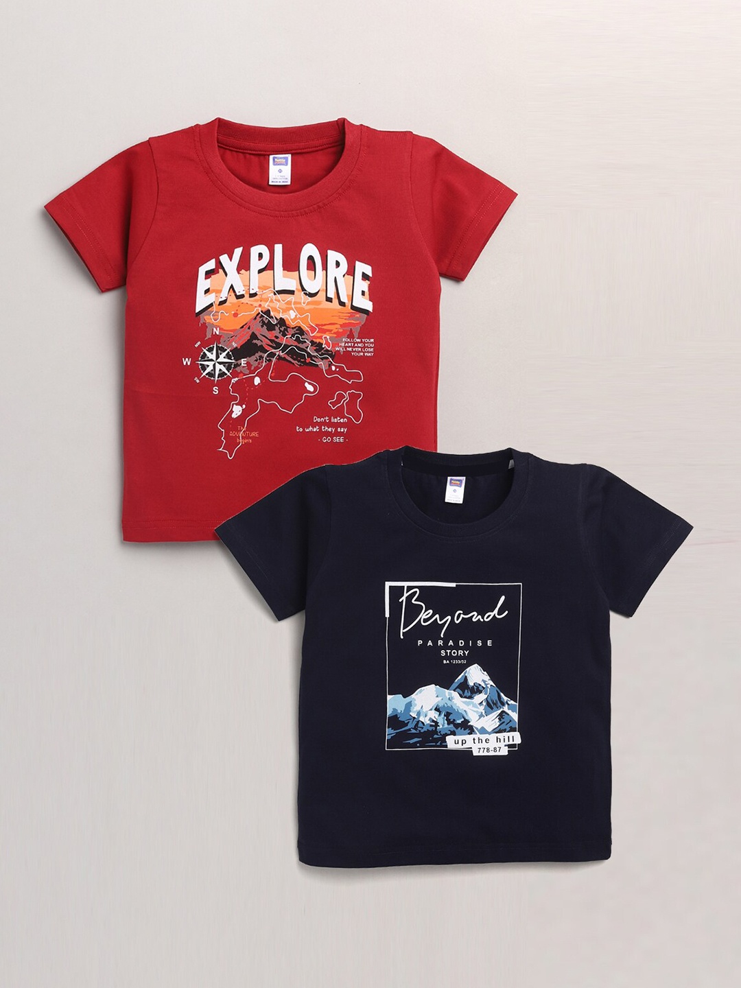 

Nottie Planet Boys Red & Navy Blue Set Of 2 Printed Pure Cotton T-shirt