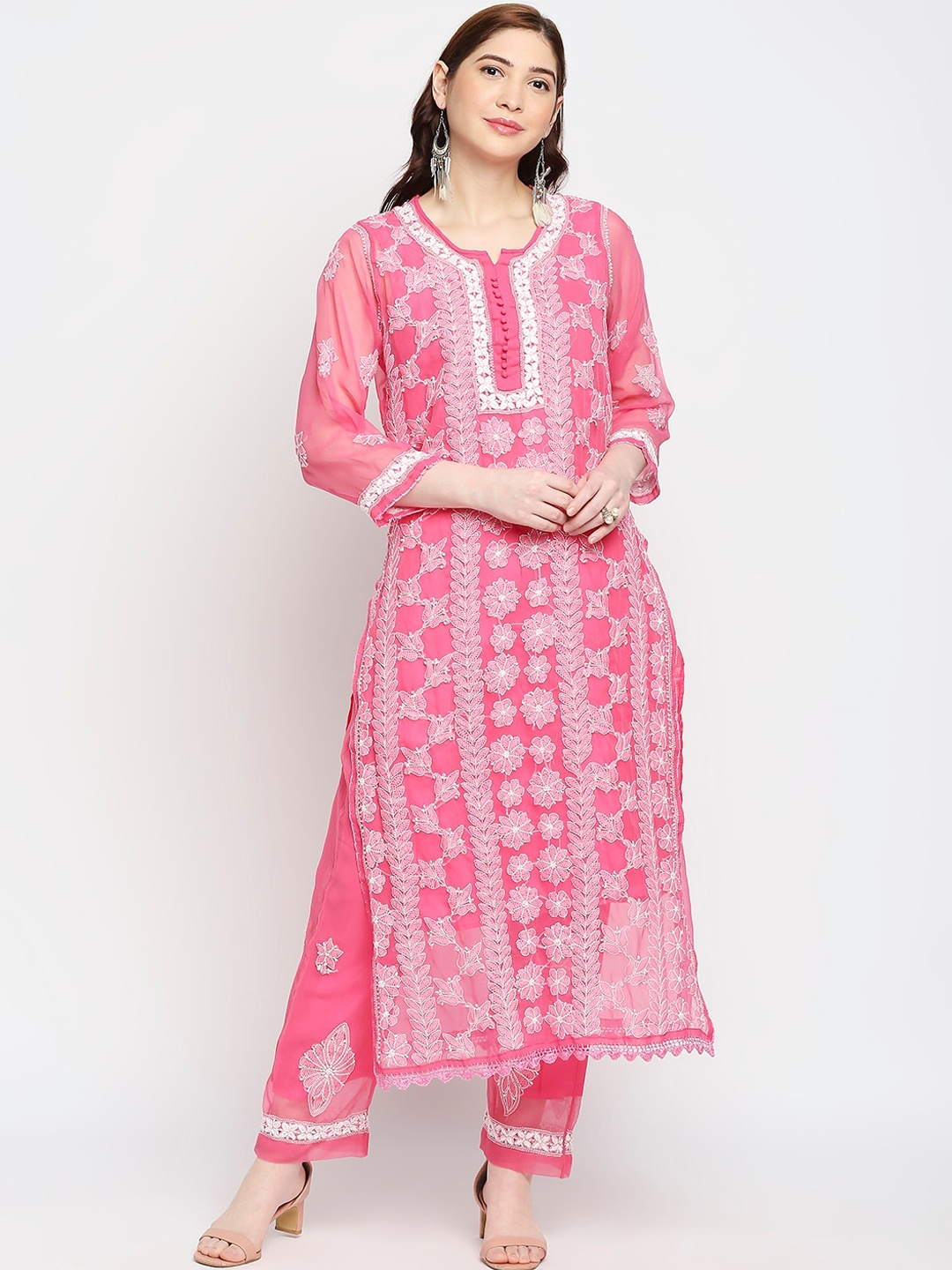 

Indiankala4u Women Pink Floral Embroidered Chikankari Kurti with Palazzos