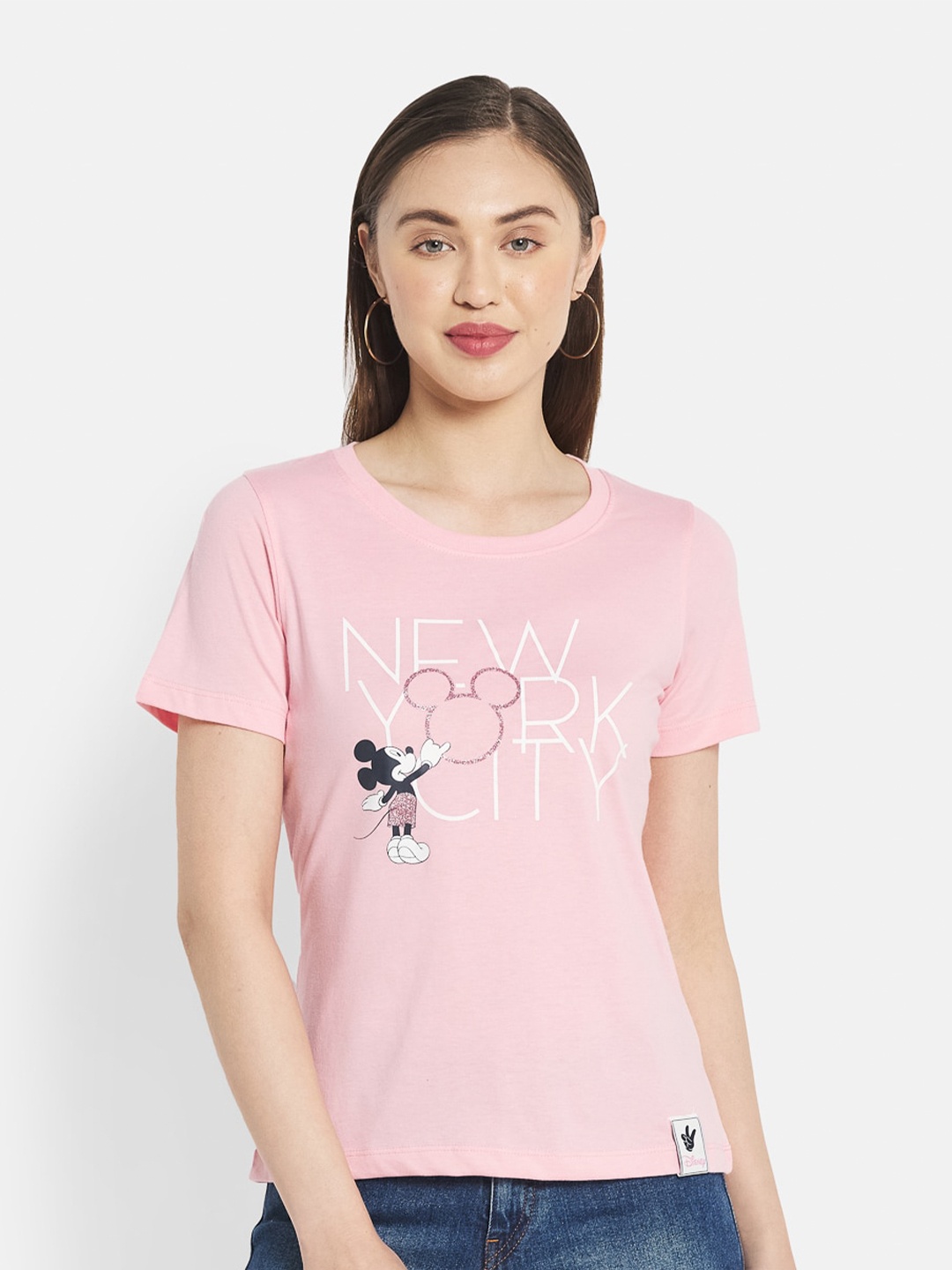 

METTLE Women Pink Mickey Mouse Printed Cotton T-shirt