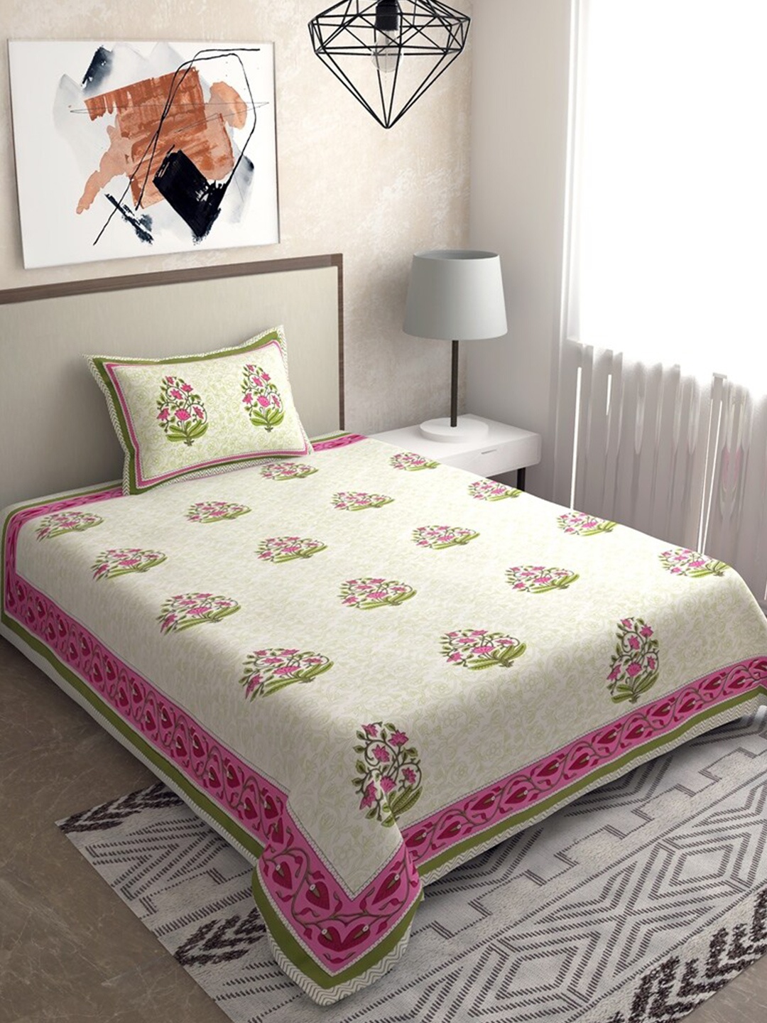 

Salona Bichona Pink & Green Floral 120 TC Pure Cotton Single Bedsheet with 1 Pillow Covers