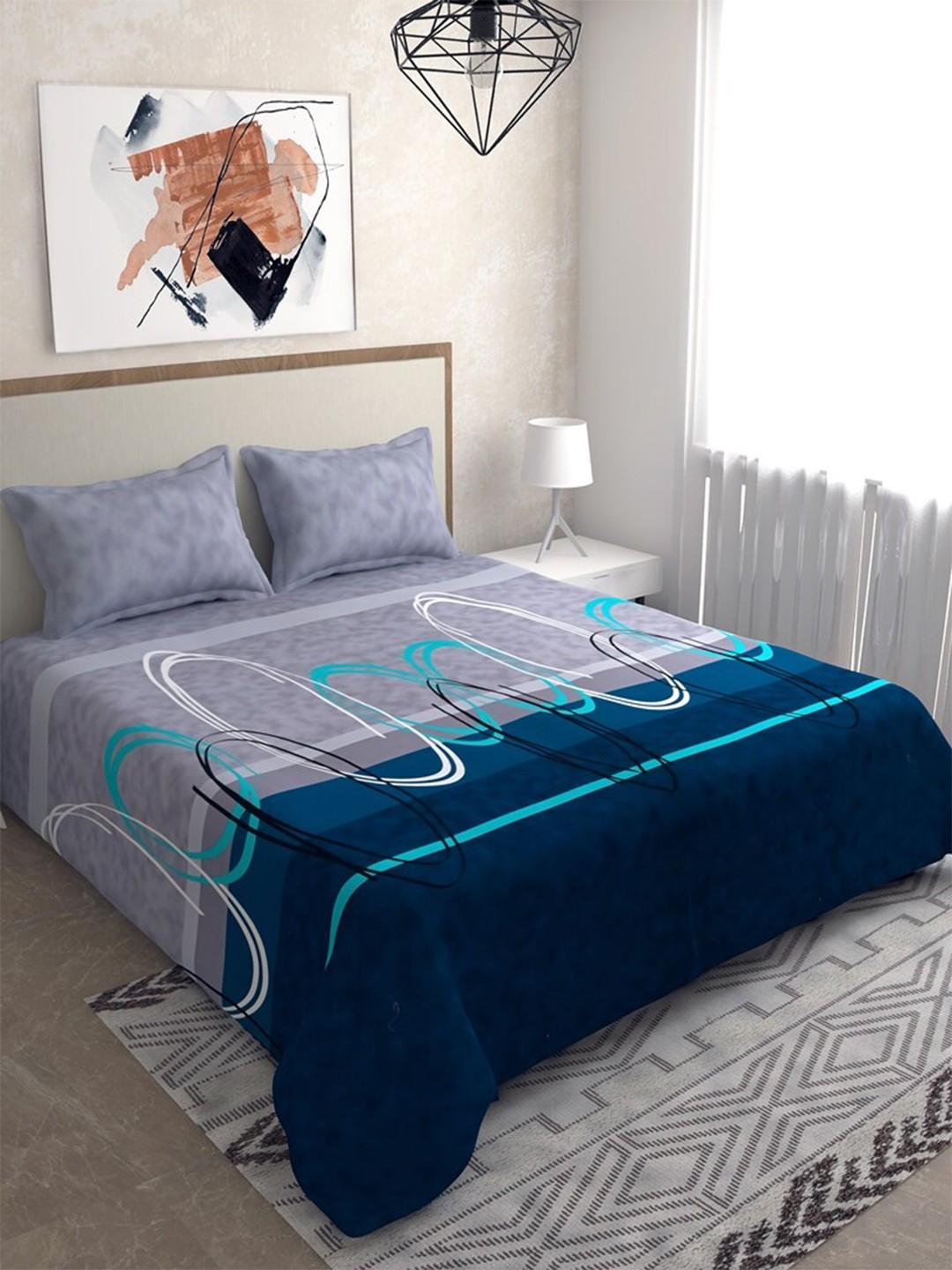 

Salona Bichona Grey & Blue 120 TC Pure Cotton Queen Bedsheet with 2 Pillow Covers