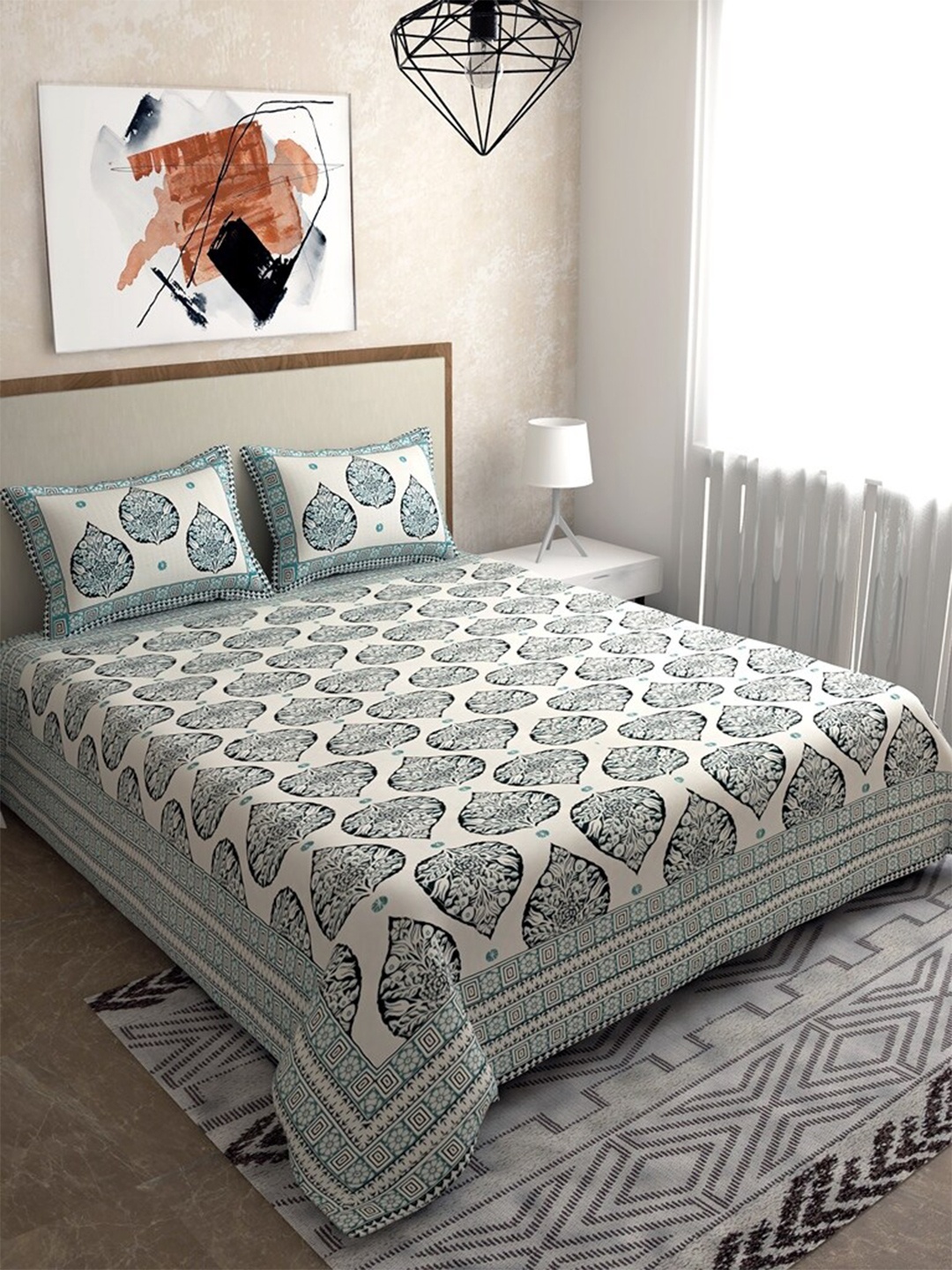 

Salona Bichona Teal Blue & White Ethnic Motifs 120 TC Queen Bedsheet with 2 Pillow Covers