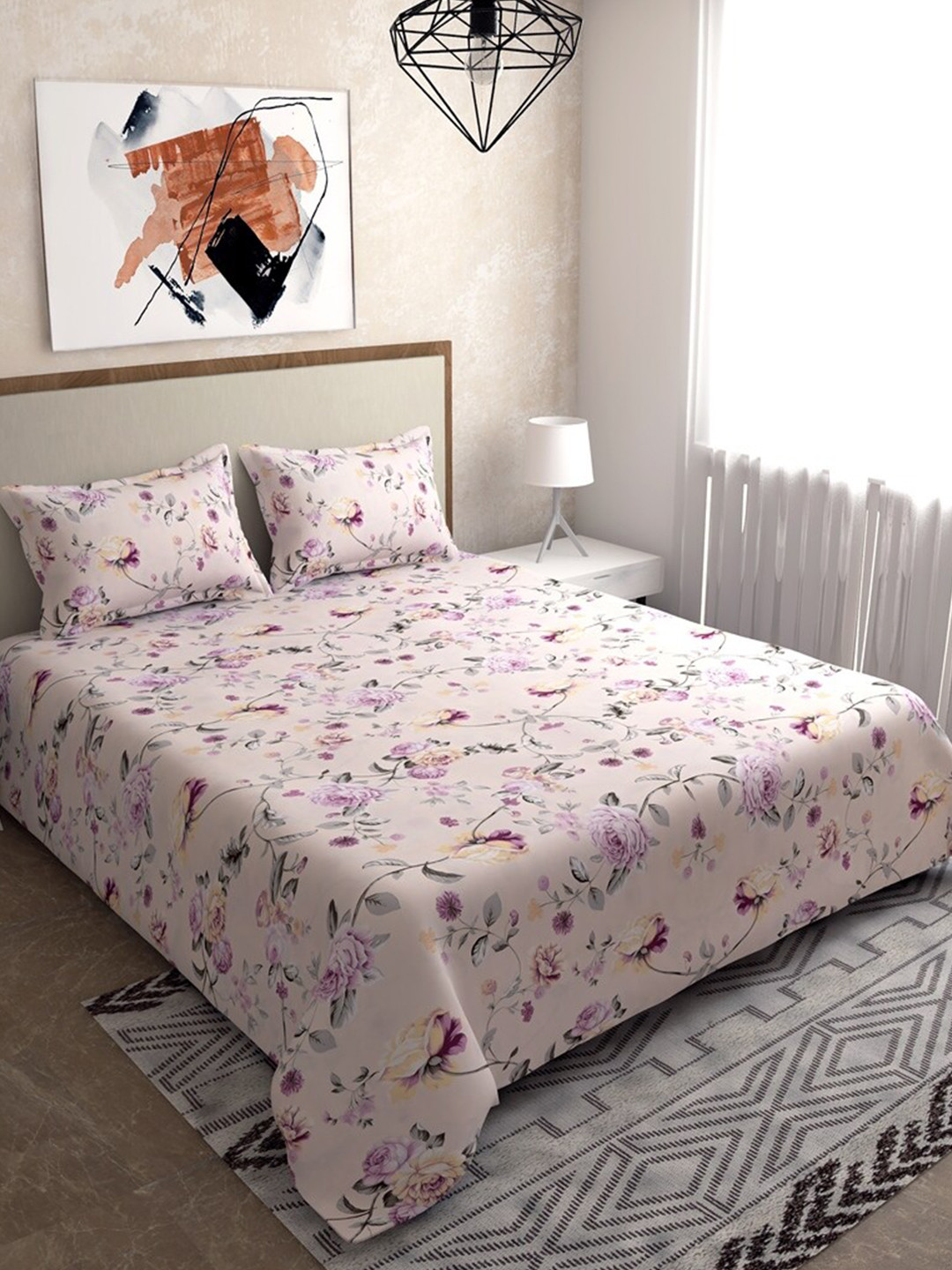 

Salona Bichona Purple & Grey Floral 144 TC Pure Cotton King Bedsheet with 2 Pillow Covers