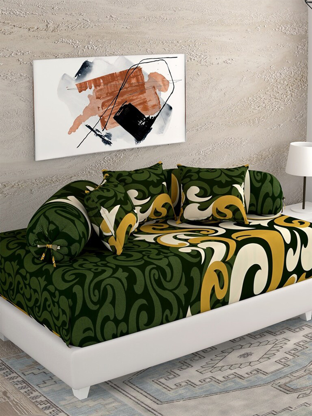 

Salona Bichona Olive Green & Mustard 120 TC Printed Diwan set