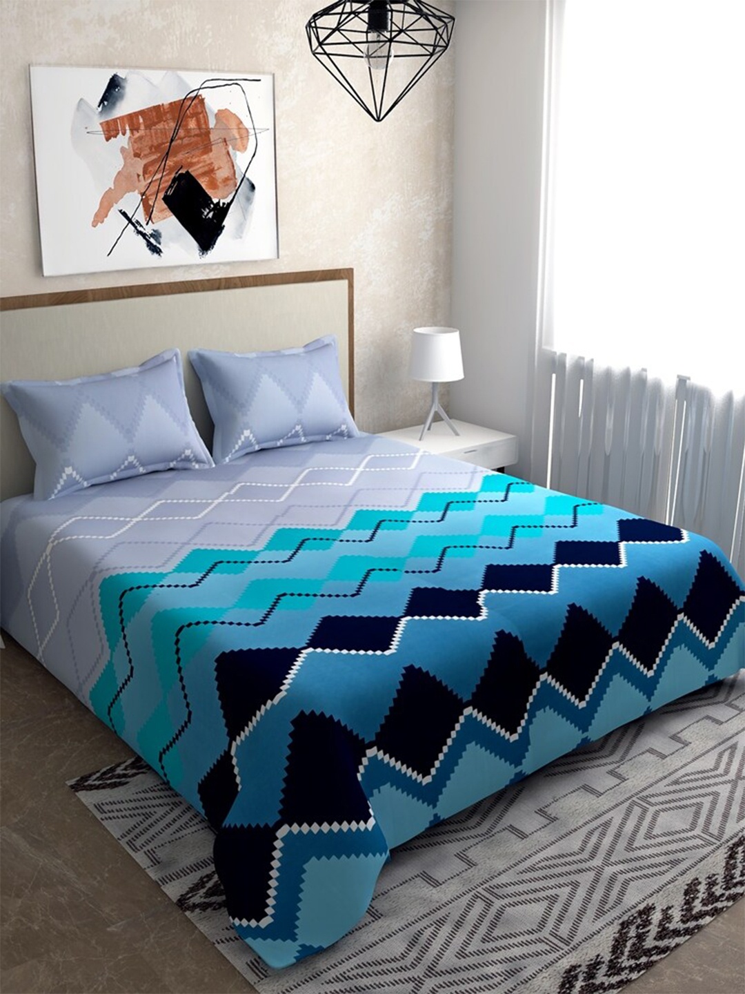 

Salona Bichona Blue & Navy Blue 120 TC Pure Cotton Queen Bedsheet with 2 Pillow Covers