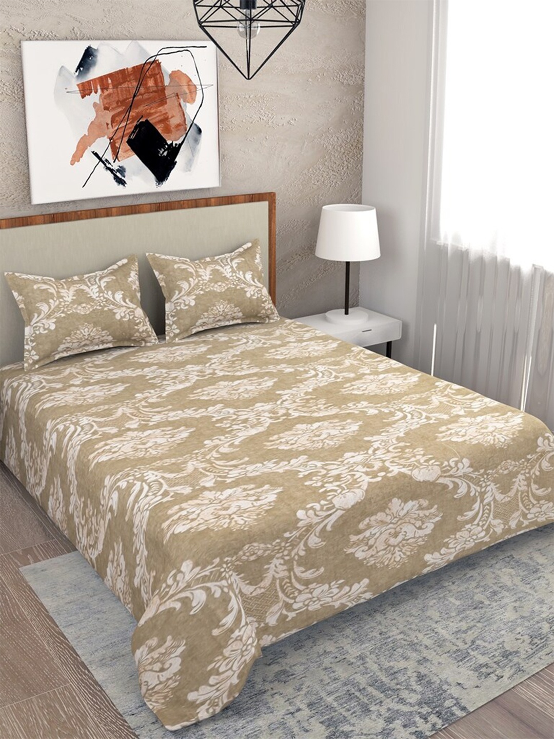 

Salona Bichona White & Beige Printed 180 TC Cotton King Bedsheet with 2 Pillow Covers