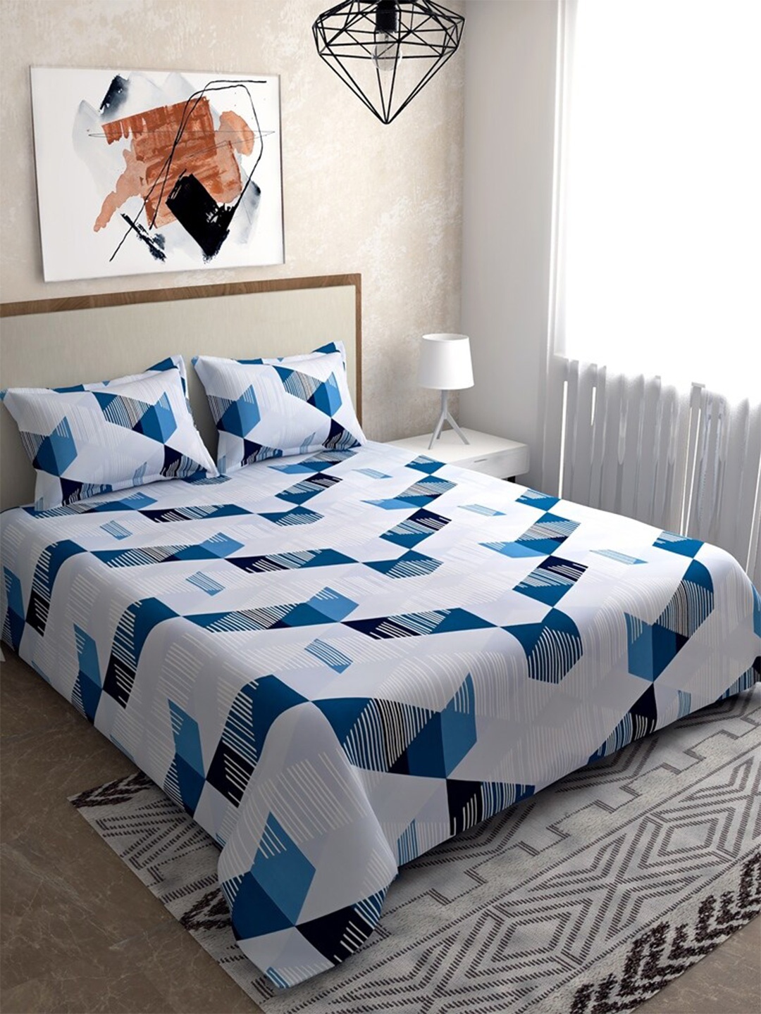 

Salona Bichona Blue & Grey Geometric 120 TC Pure Cotton King Bedsheet with 2 Pillow Covers