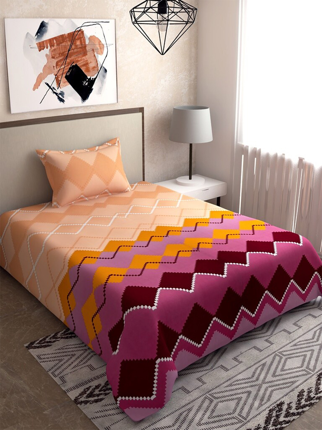 

Salona Bichona Yellow & Purple Geometric 120 TC Single Bedsheet with 1 Pillow Covers
