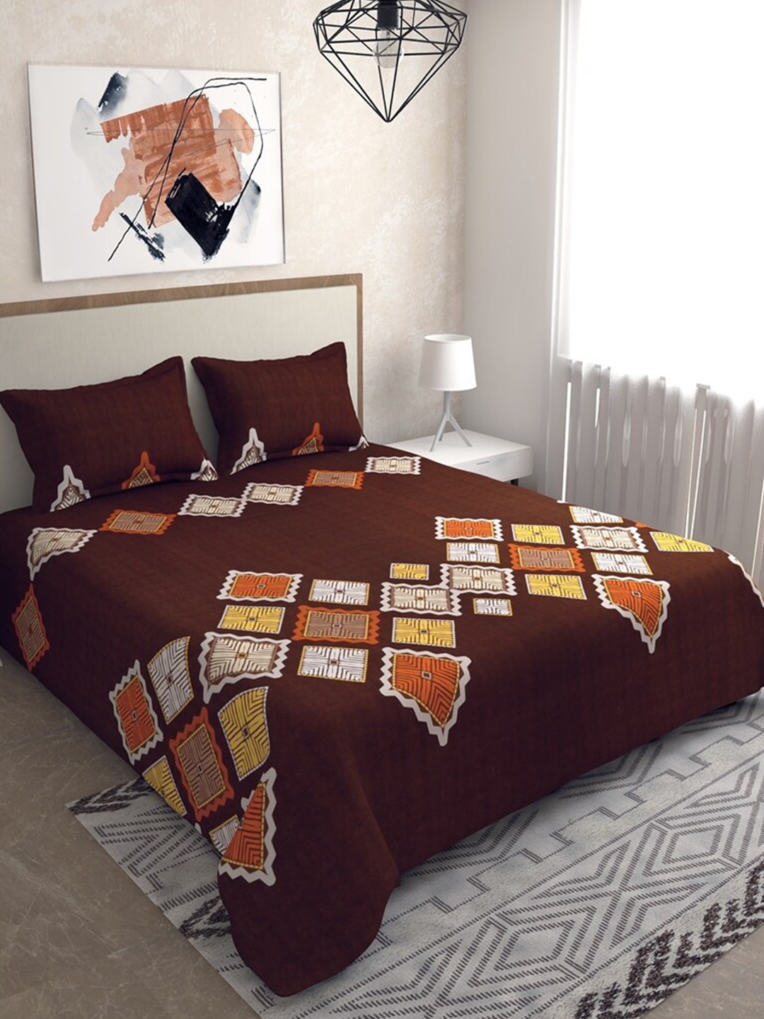 

Salona Bichona Brown & Yellow 120 TC Queen Geometric Cotton Bedsheet with 2 Pillow Covers