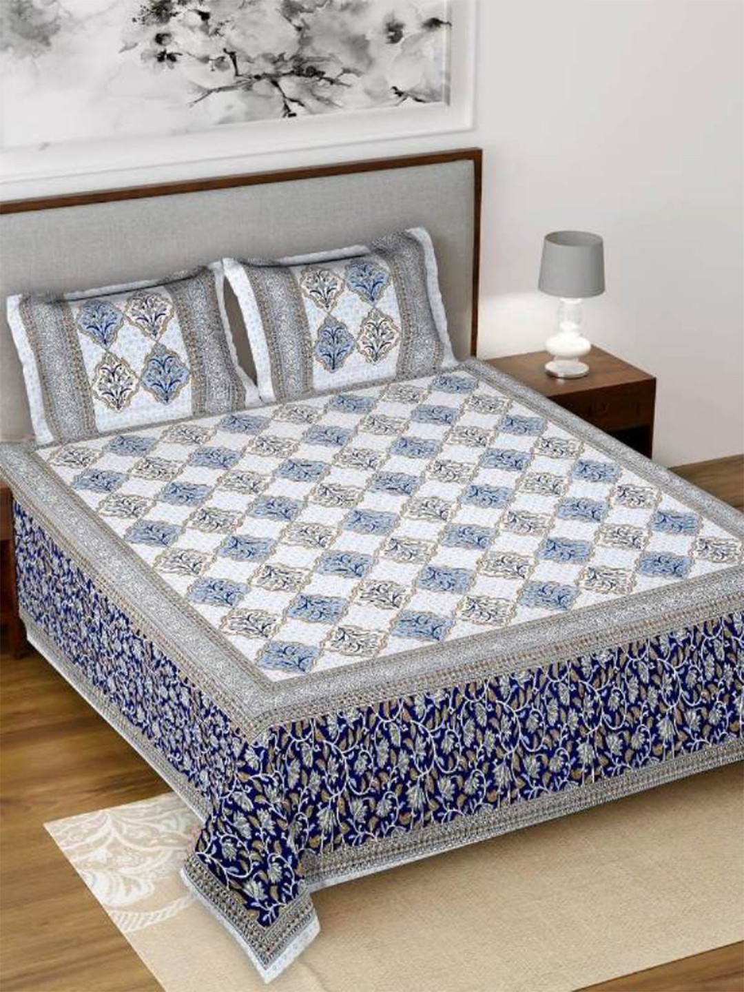 

Salona Bichona Blue & White Ethnic Motifs 120 TC Cotton King Bedsheet with 2 Pillow Covers