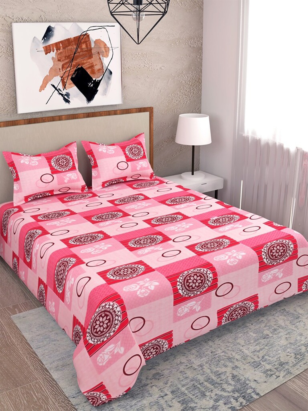 

Salona Bichona Pink & White Ethnic Motifs 104 TC Queen Bedsheet with 2 Pillow Covers