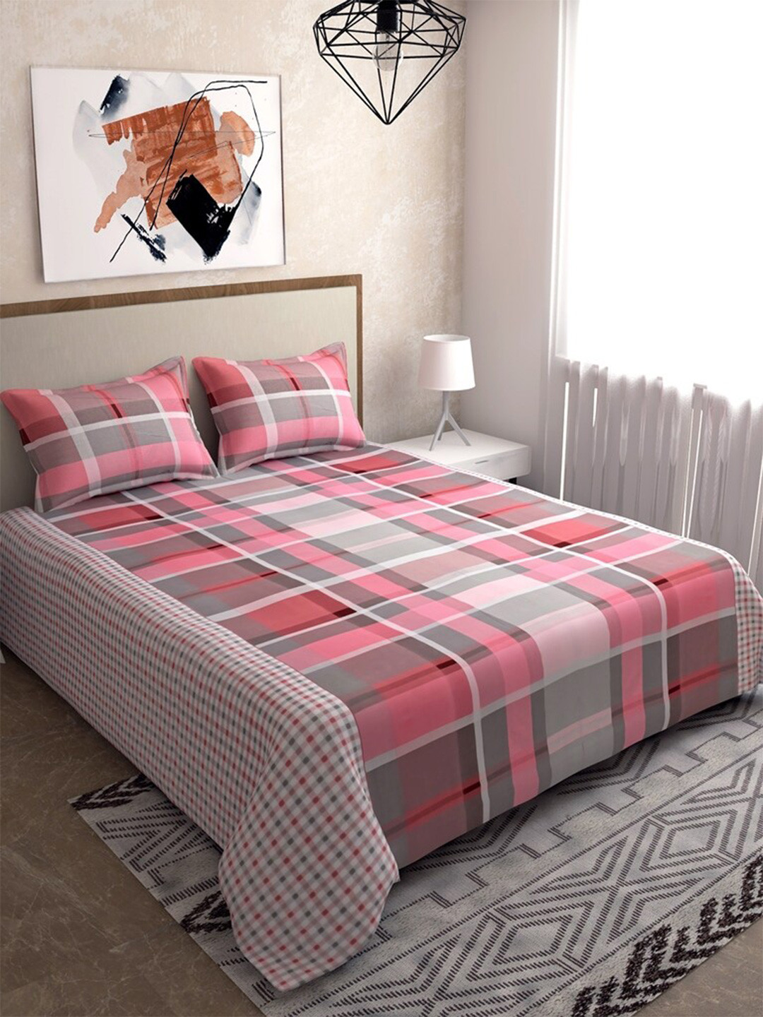 

Salona Bichona Pink & White 104 TC Pure Cotton Queen Bedsheet with 2 Pillow Covers