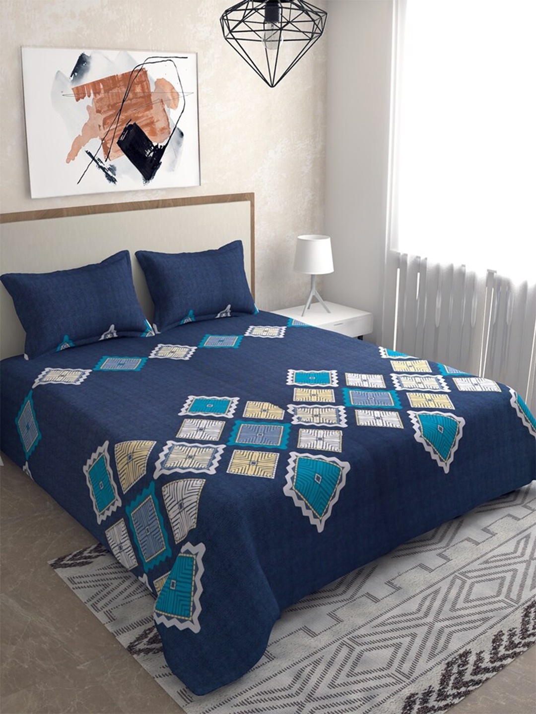 

Salona Bichona Blue & White Geometric 120 TC Cotton Queen Bedsheet with 2 Pillow Covers