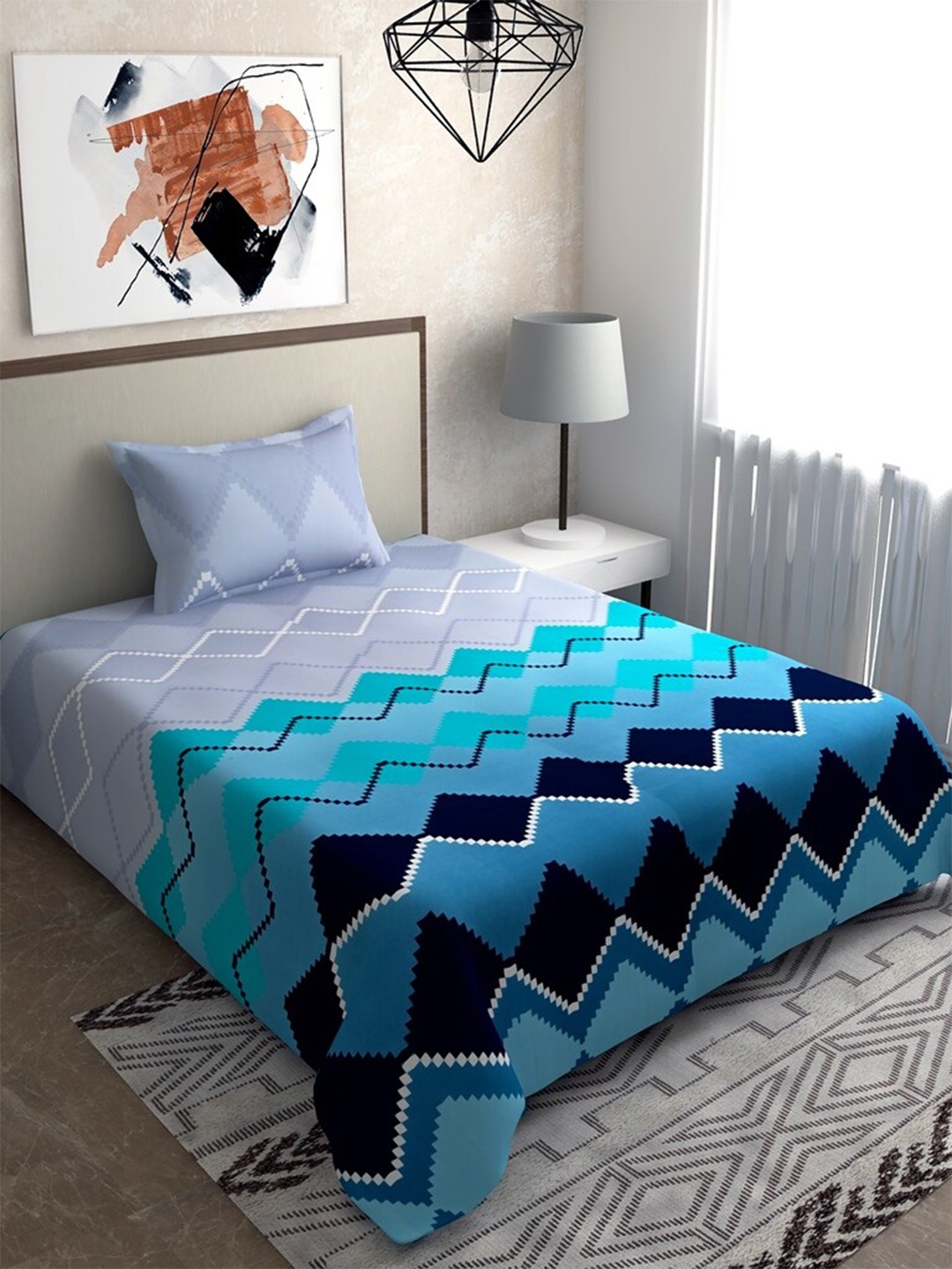 

Salona Bichona Blue & Black Geometric 120 TC Single Bedsheet with 1 Pillow Covers