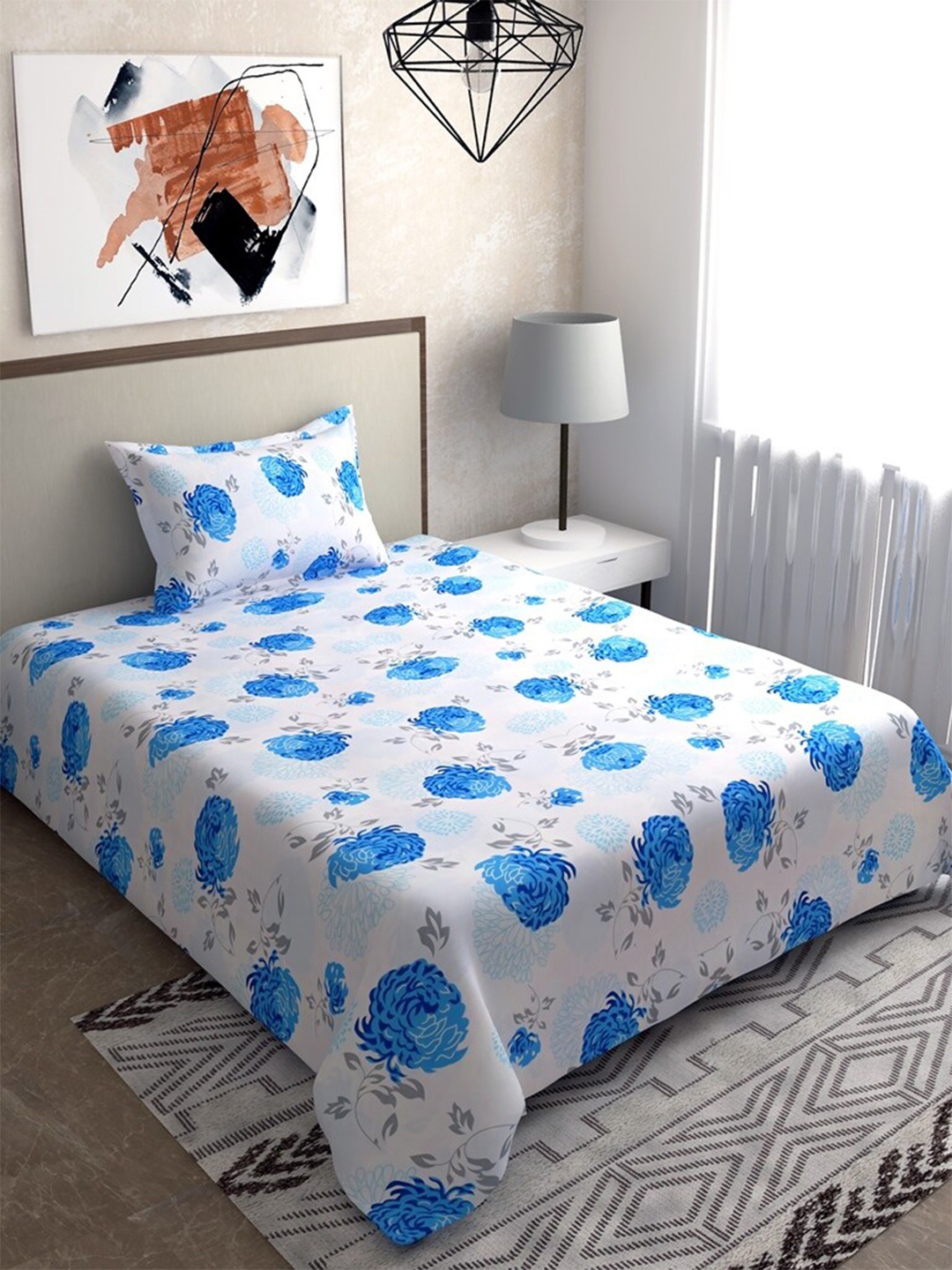 

Salona Bichona Blue & White Floral 104 TC Cotton Single Bedsheet with 1 Pillow Covers