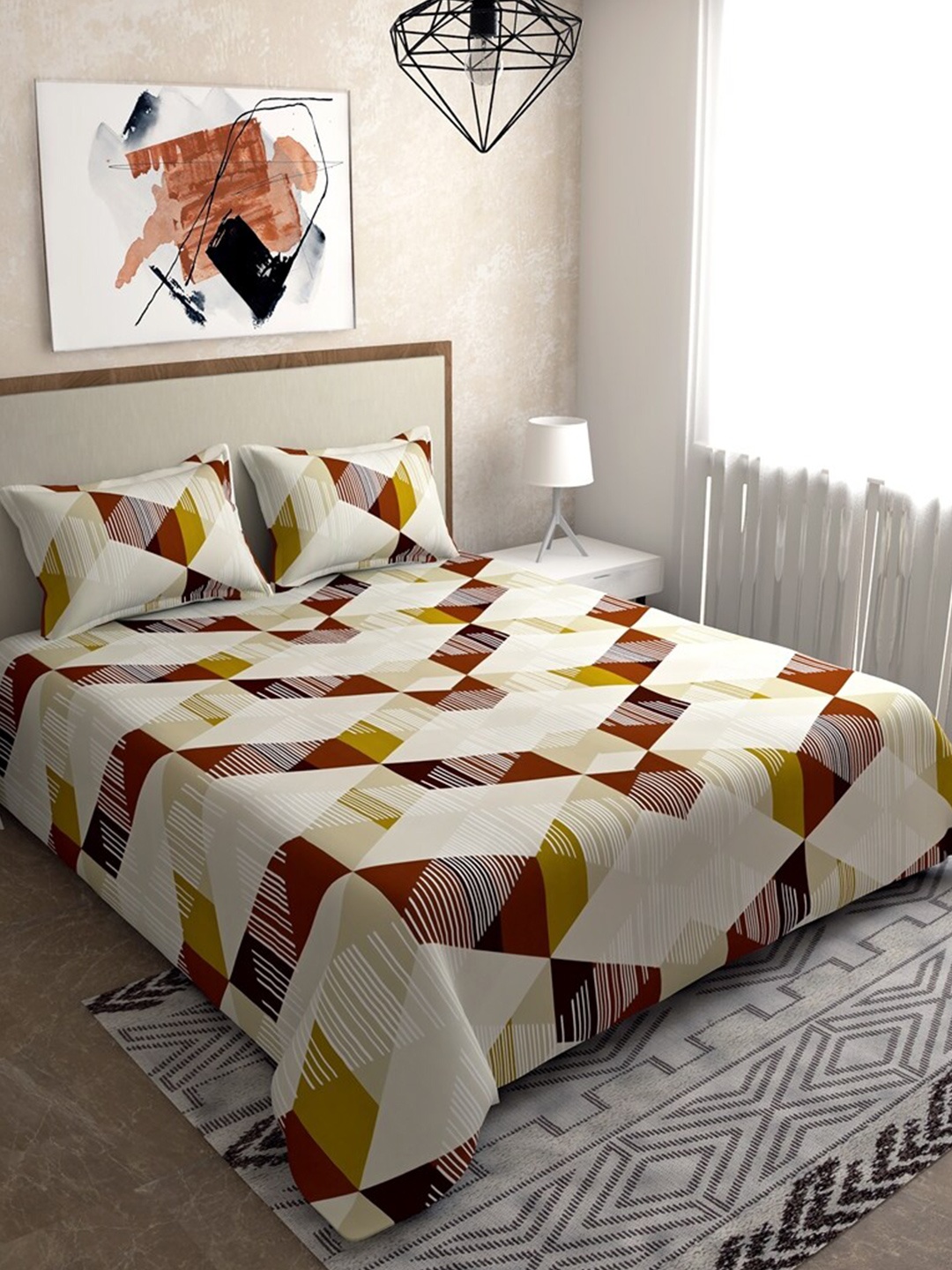 

Salona Bichona Brown & Off-White 120 TC Cotton Queen Bedsheet with 2 Pillow Covers