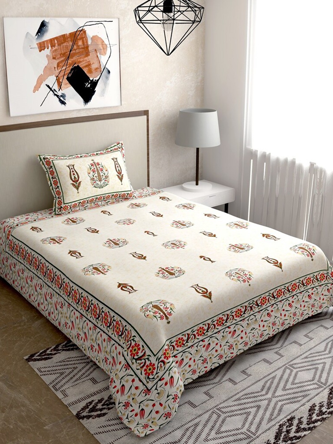 

Salona Bichona Brown & Cream-Coloured Floral 120 TC Pure Cotton Single Bedsheet with 1 Pillow Covers
