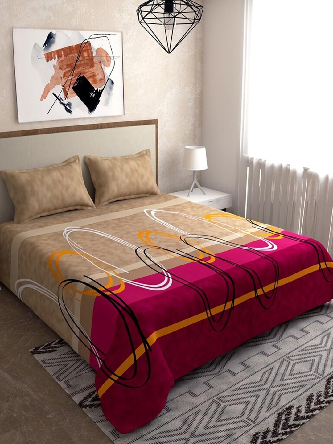 

Salona Bichona Beige & Magenta 120 TC Pure Cotton King Bedsheet with 2 Pillow Covers