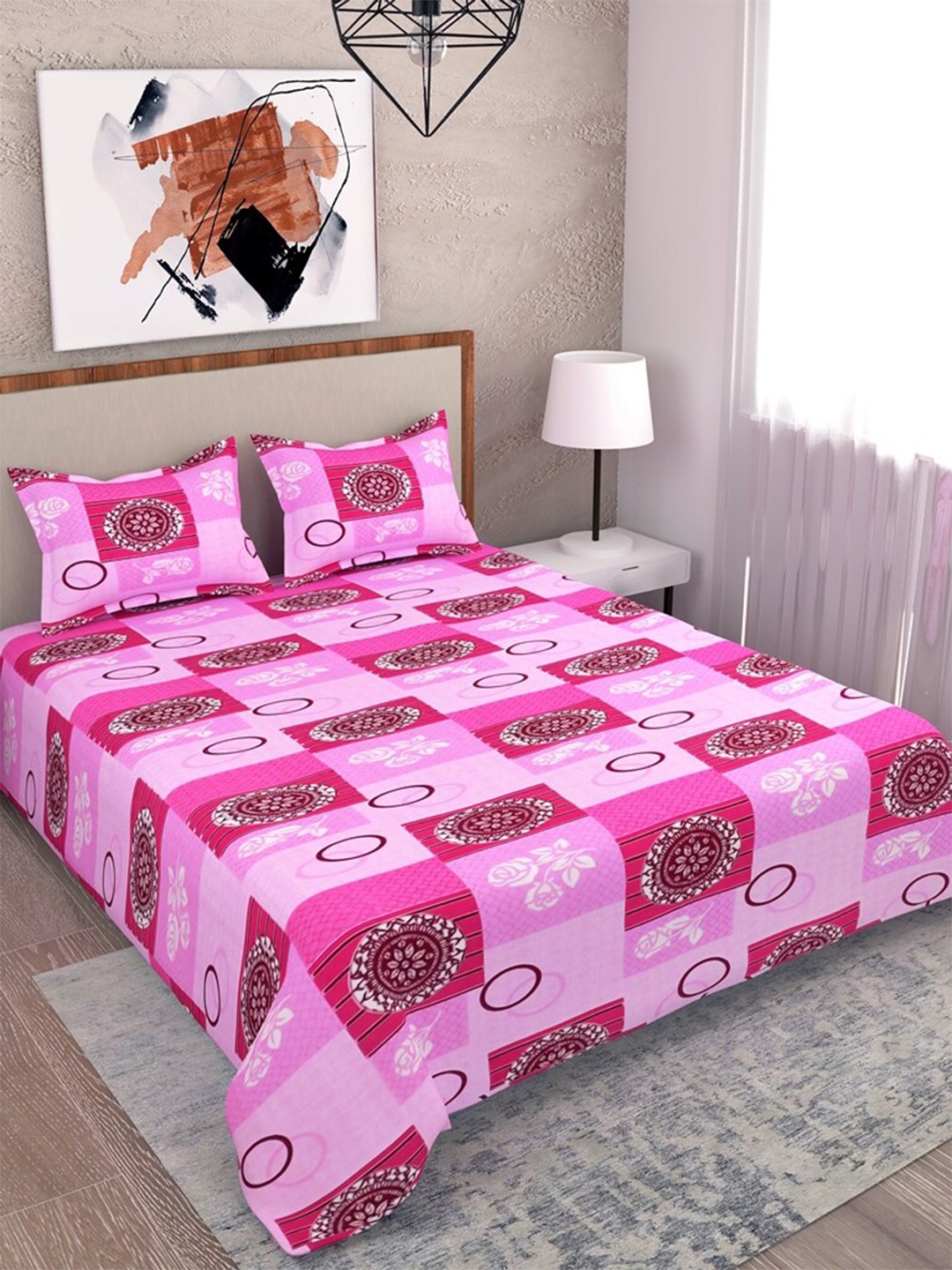 

Salona Bichona Pink & Yellow Geometric 104 TC Queen Bedsheet with 2 Pillow Covers