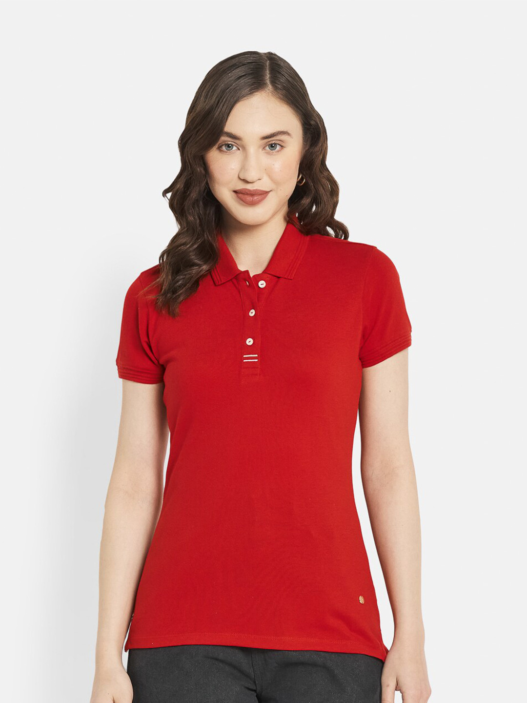 

METTLE Women Red Polo Collar Cotton T-shirt