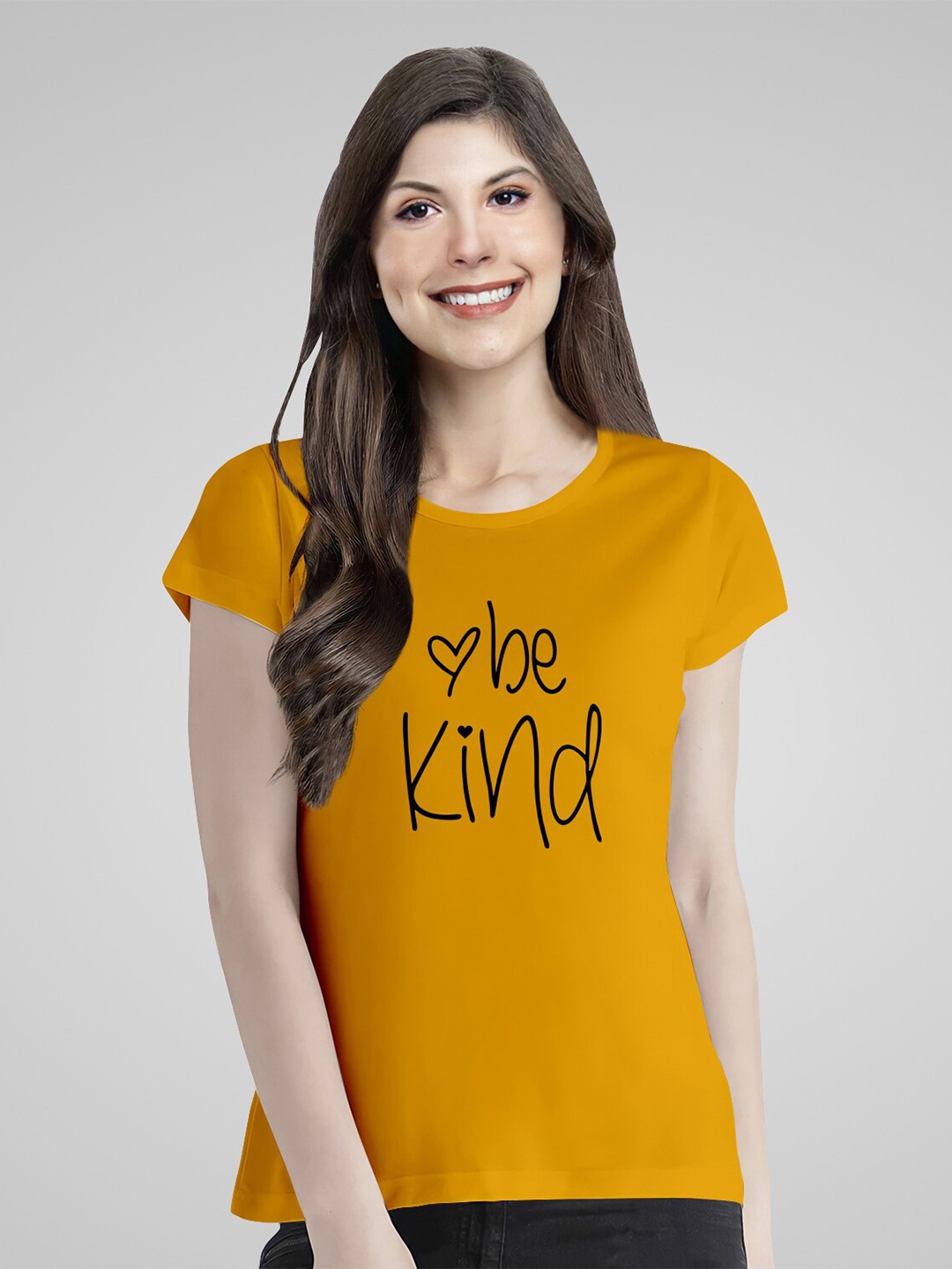 Pootlu Women Yellow Typography Printed Cotton T-shirt