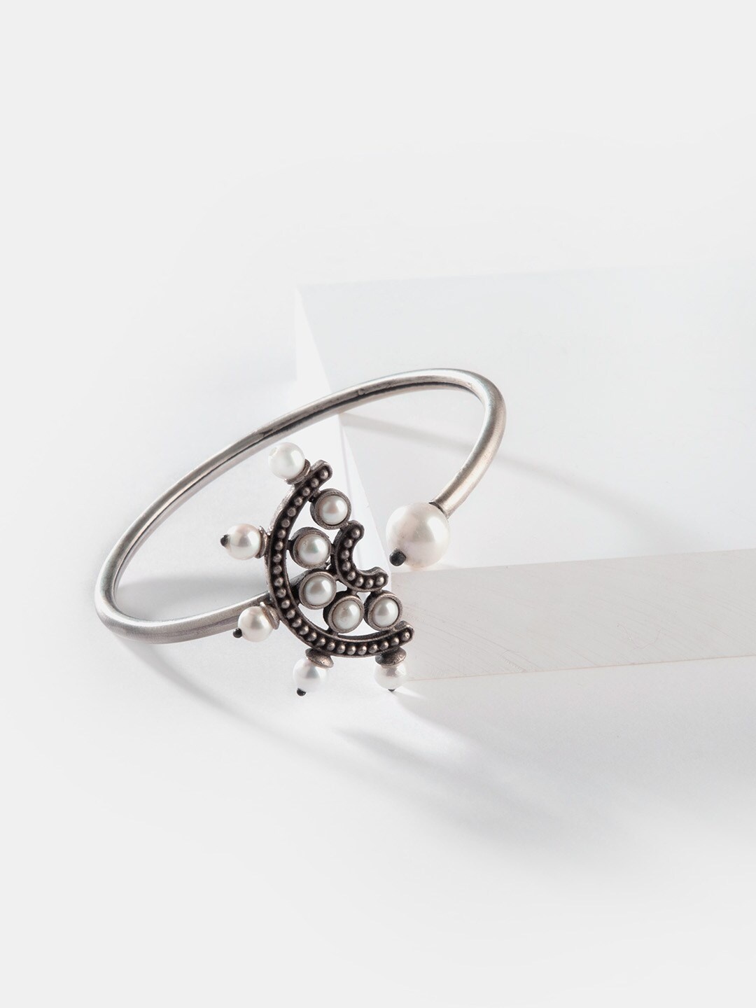 

SHAYA Women Silver-Toned & White Silver Pearls Bangle-Style Bracelet