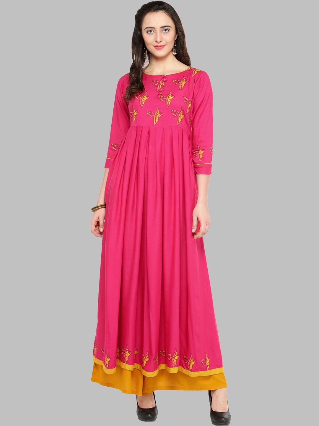 

Bitterlime Women Pink Ethnic Motifs Printed Gotta Patti Block Print Anarkali Kurta