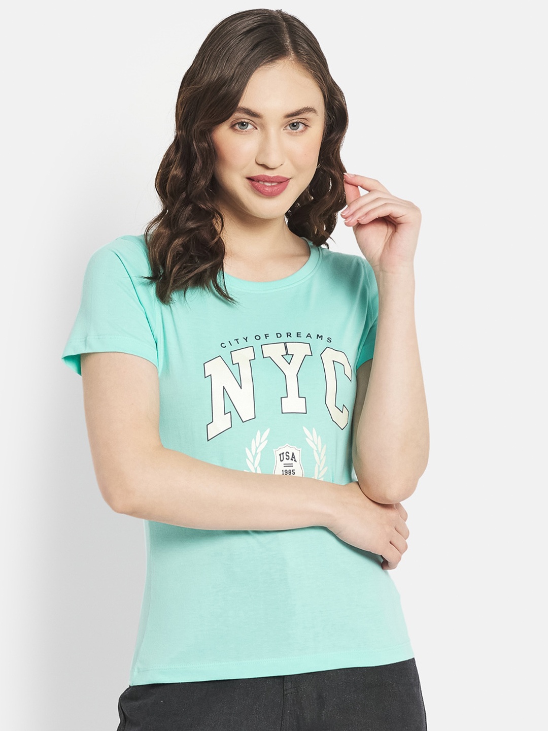 

METTLE Women Turquoise Blue Typography Printed T-shirt