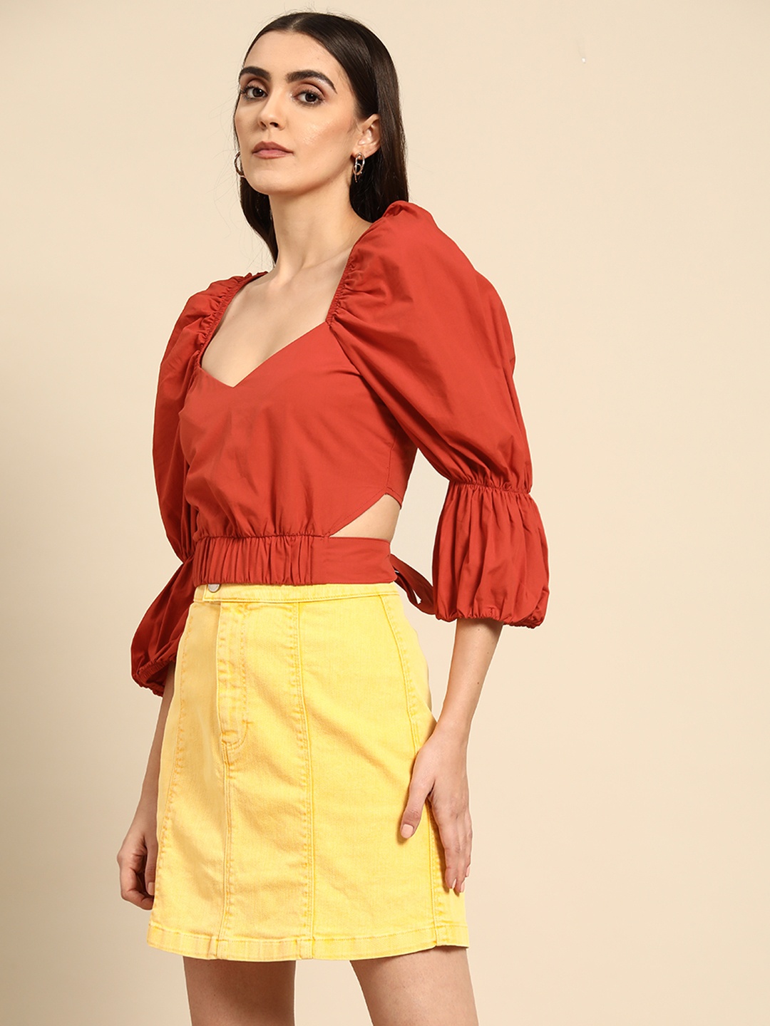 

OXXO Women Rust Orange Cut Out Detail Waist Tie-Up Bohemian Cropped Pure Cotton Top