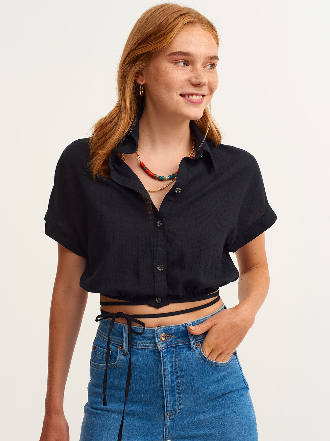 

OXXO Women Black Solid Pure Cotton Casual Shirt with Waist Tie-Ups