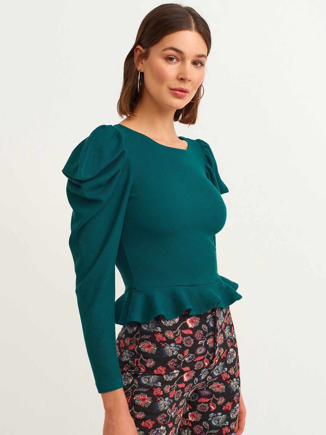 

OXXO Women Teal Blue Ribbed Ruffle Top