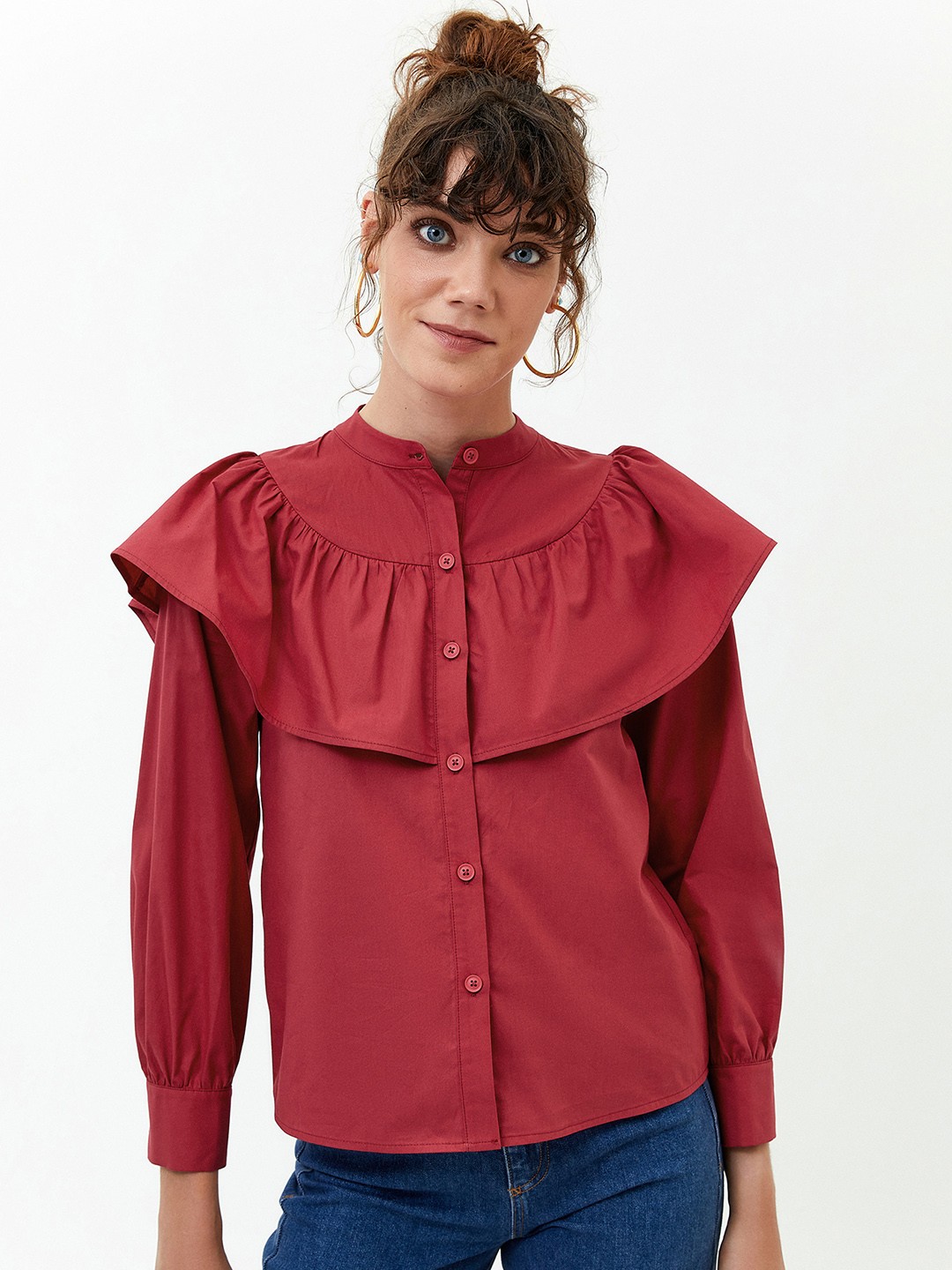 

OXXO City Collection Women Maroon Pure Cotton Solid Mandarin Collar Layered Top