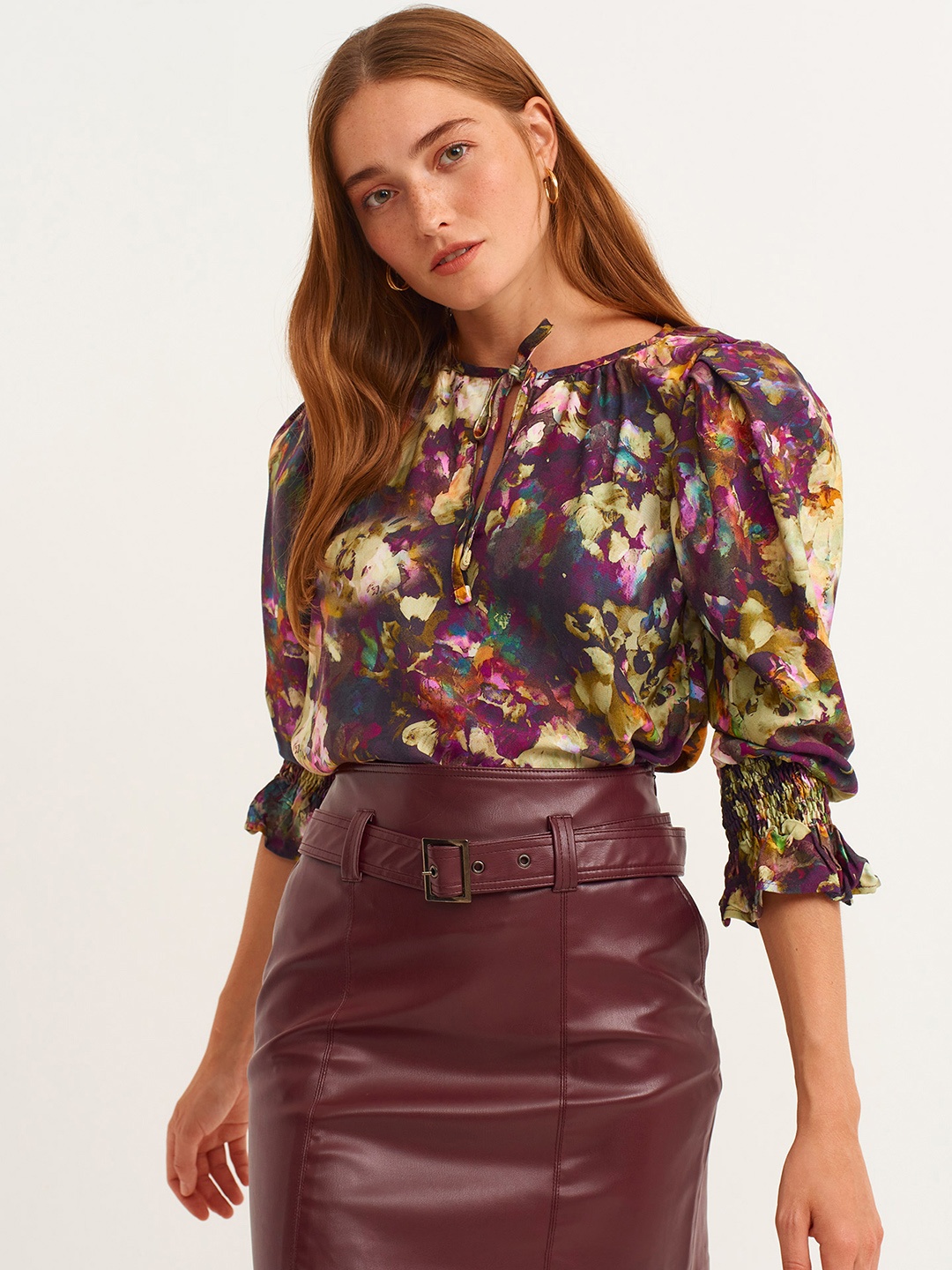 

OXXO Purple & Yellow Floral Print Tie-Up Neck Blouson Top