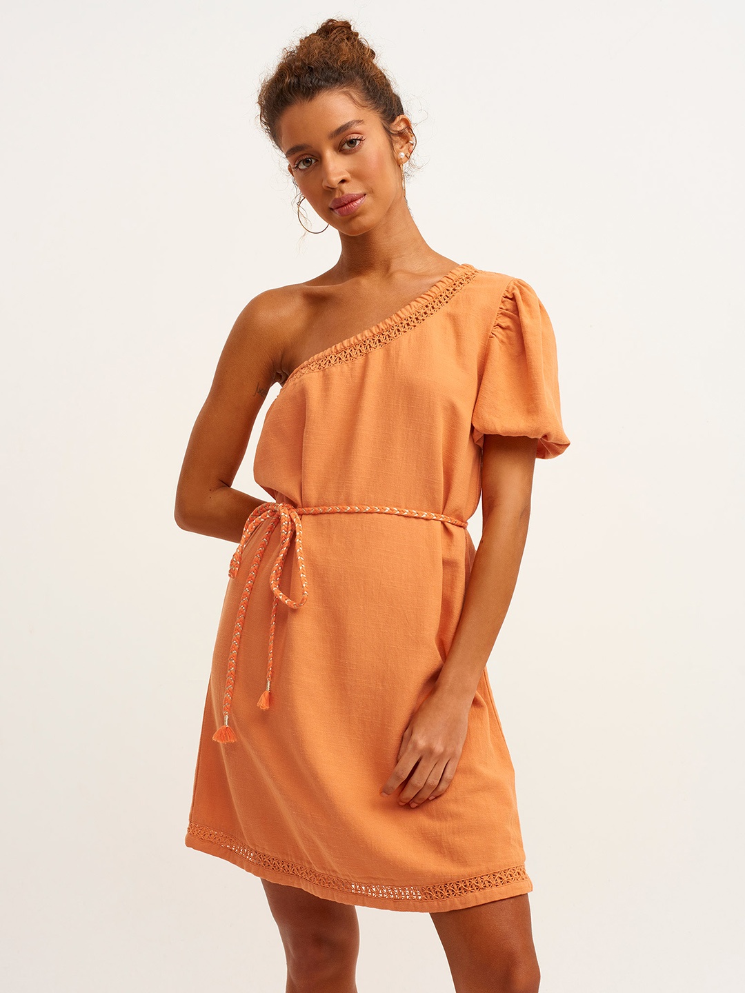 

OXXO Women Orange One Shoulder A-Line Dress with Crochet Detail