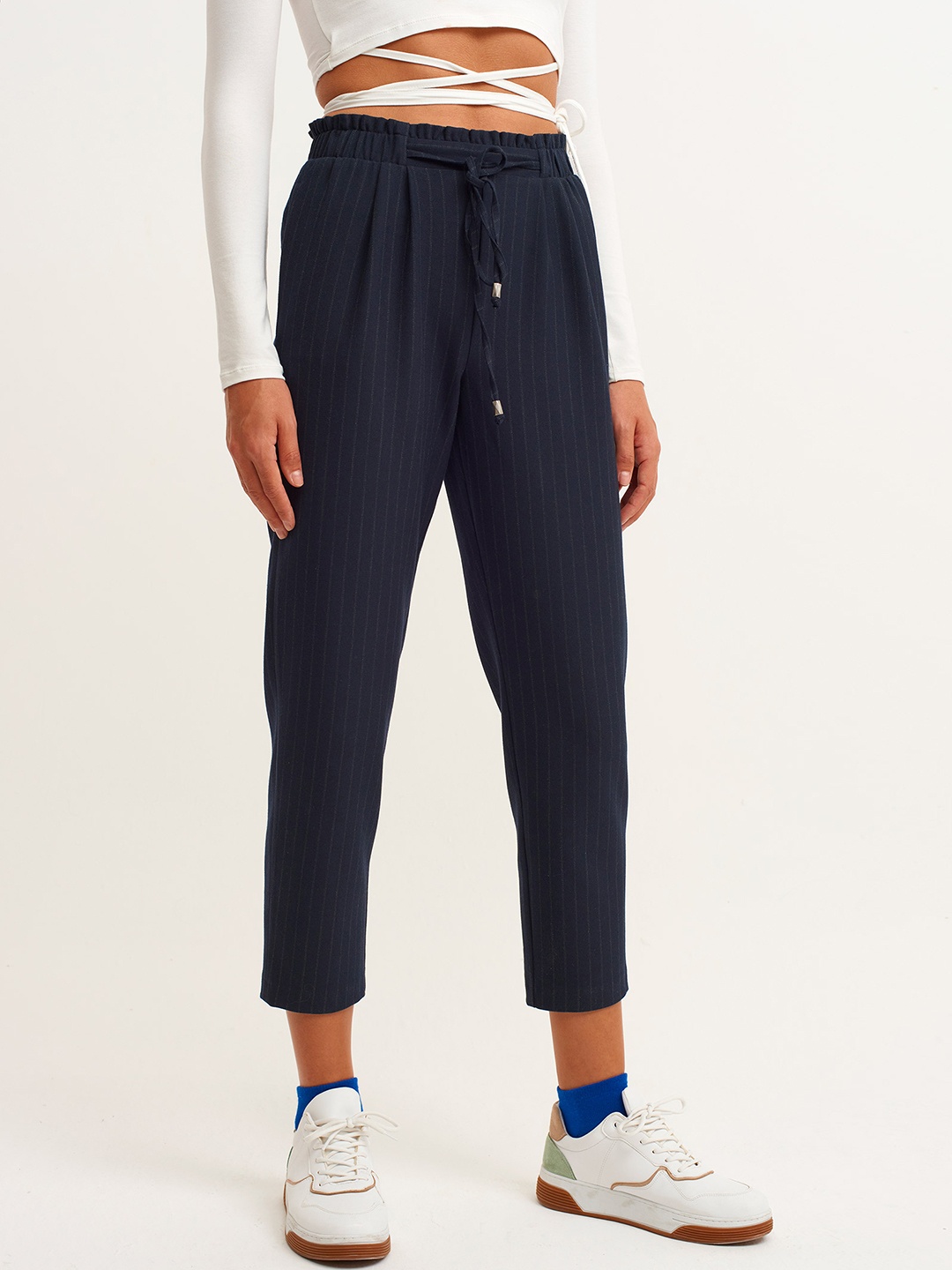 

OXXO City Collection Women Navy Blue Striped Straight Fit High-Rise Pleated Trousers
