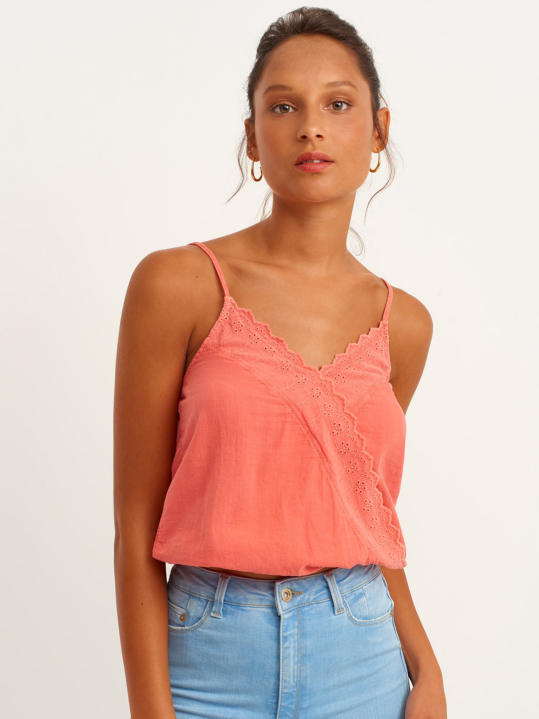 

OXXO Women Coral Pink Self Design Lace Detail Wrap Crop Top