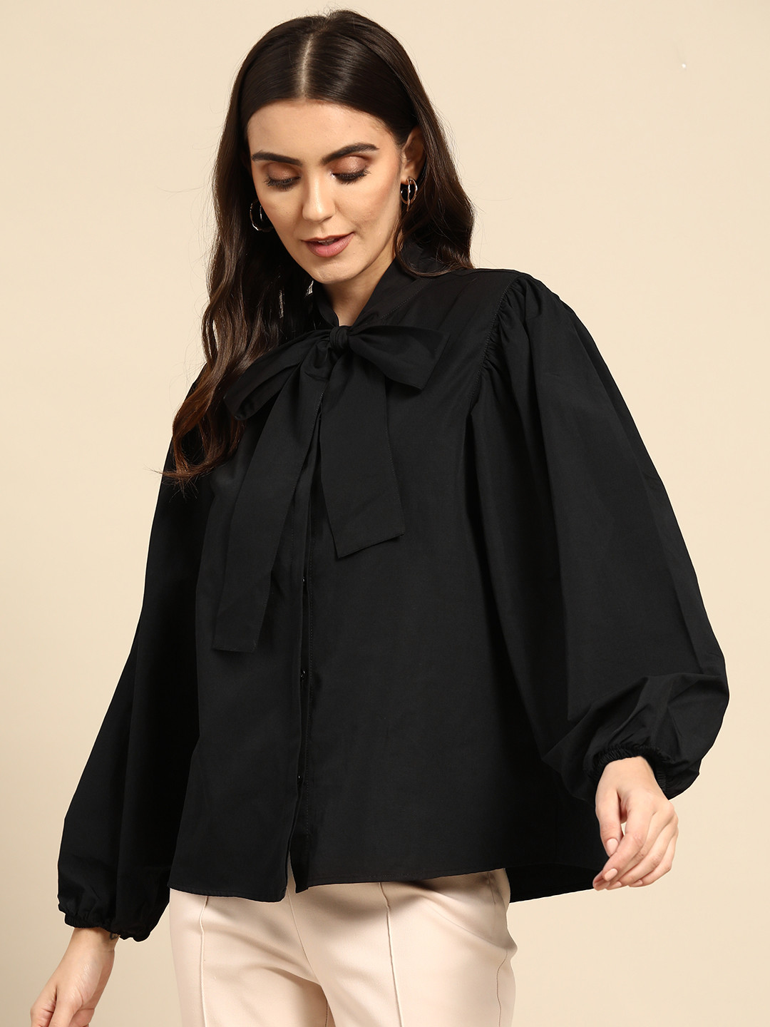 

OXXO Women Black Solid Tie-Up Neck Bohemian Shirt Style Top