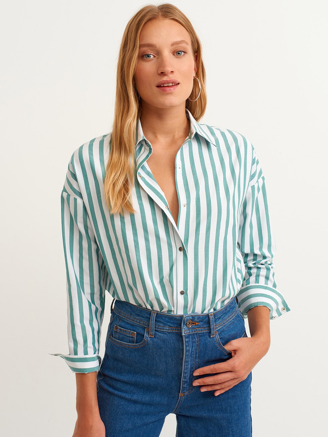 

OXXO X City Collection Women Green & White Striped Casual Shirt