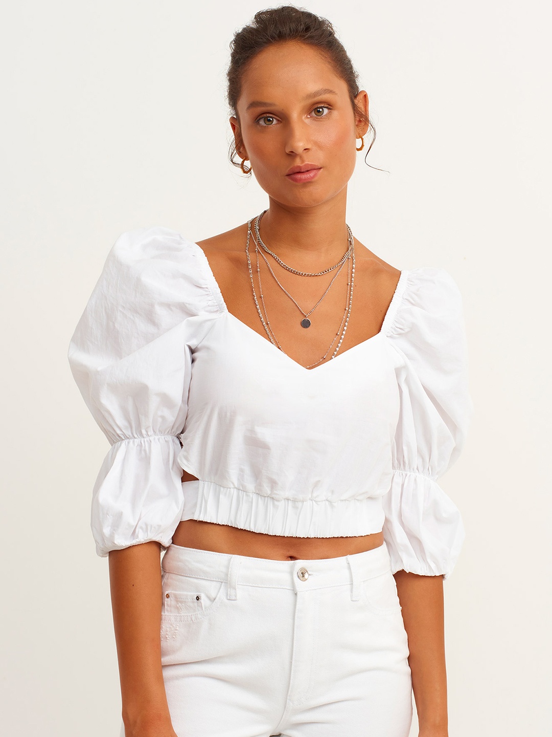 

OXXO White Pure Cotton Sweetheart Neck Blouson Crop Top