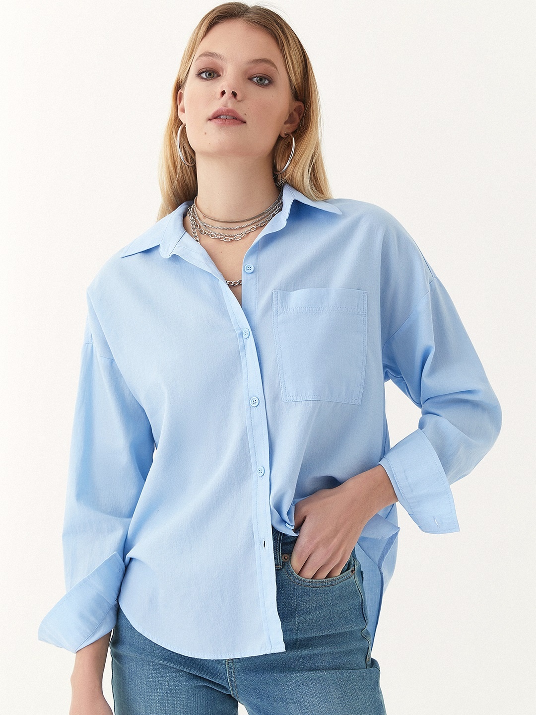 

OXXO Women Blue Solid Pure Cotton Casual Shirt