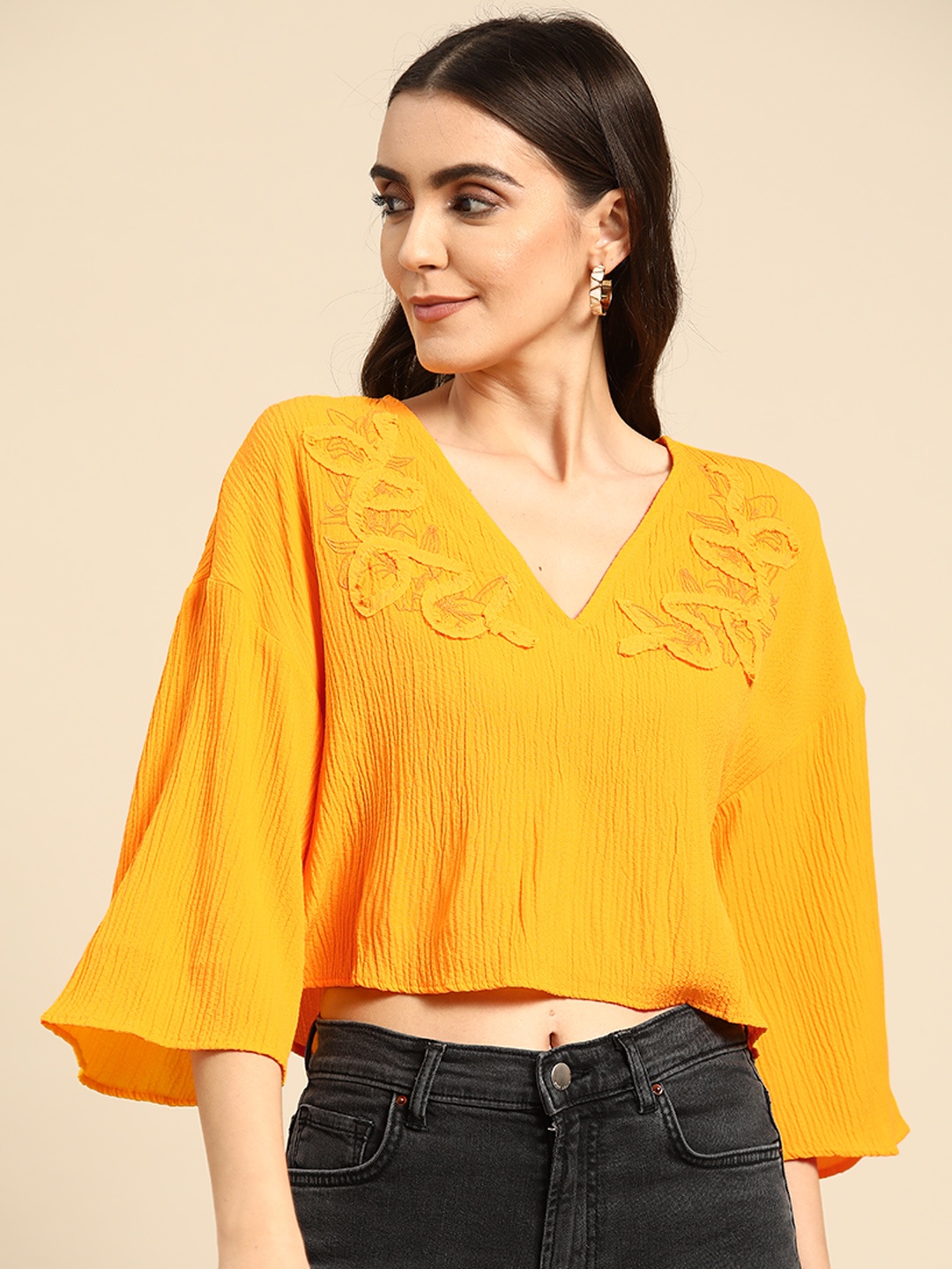 

OXXO Women Yellow Textured Drop Shoulder Sleeves Applique Bohemian Cropped Top