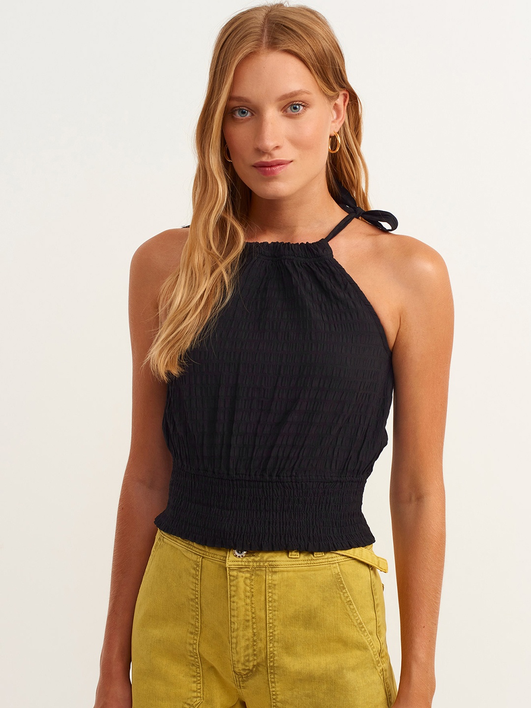 

OXXO Black Tie-Up Neck Smocked Cinched Waist Top