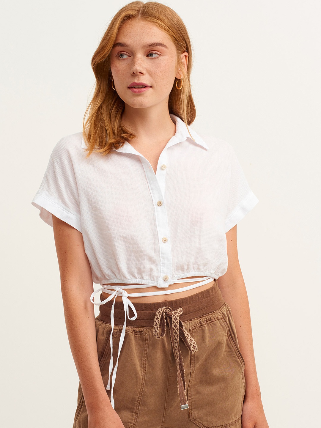 

OXXO Women White Solid Pure Cotton Casual Shirt with Waist Tie-Ups