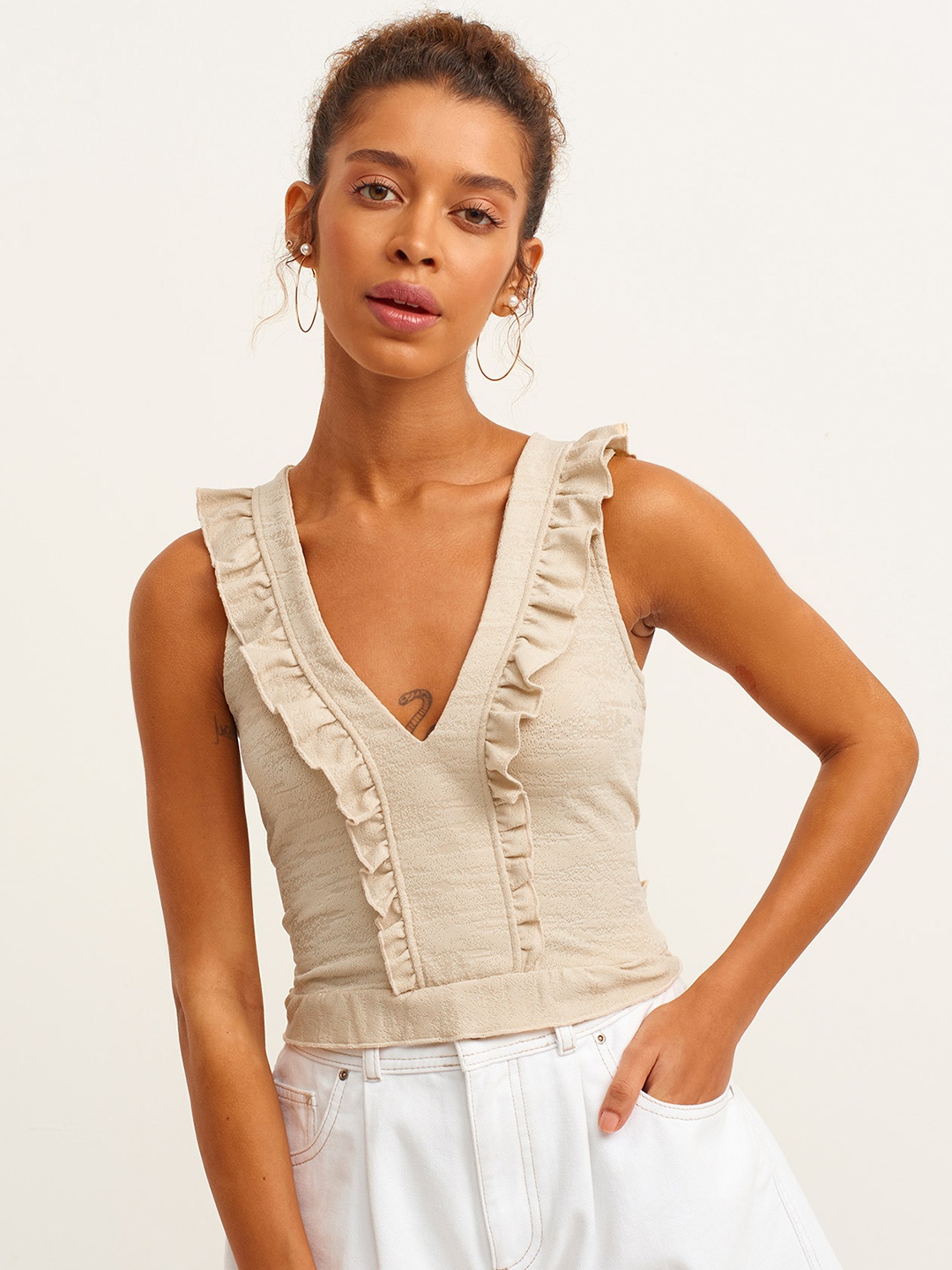 

OXXO Women Beige Self Design Styled Back Top