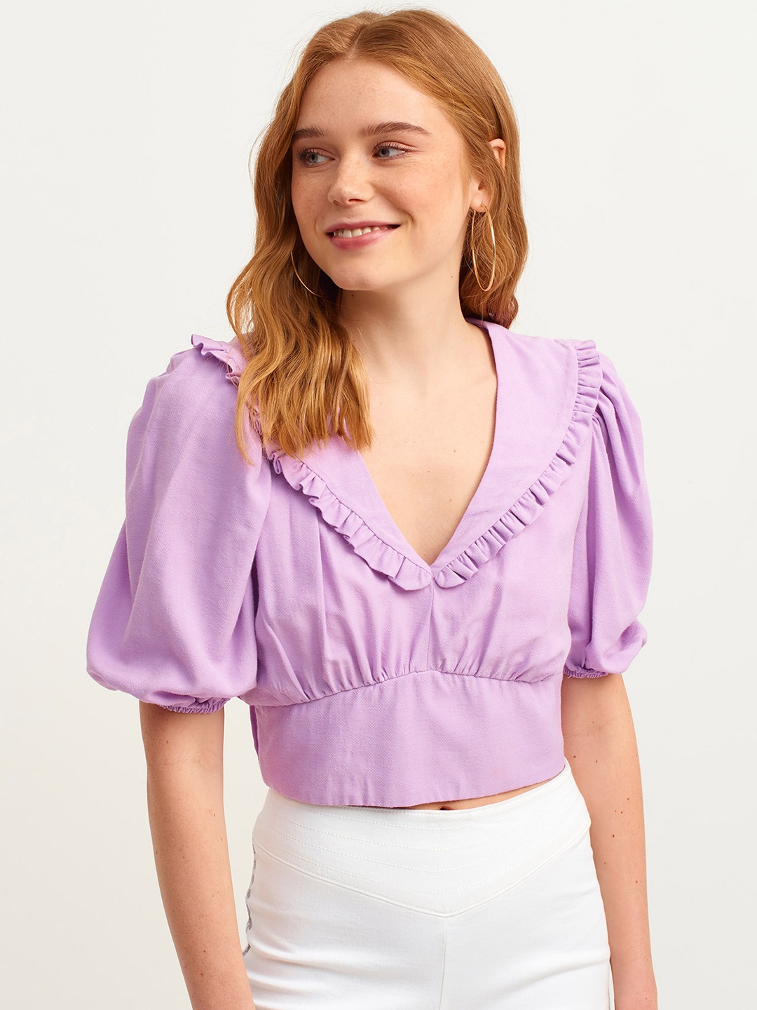 

OXXO Women Lavender Woven Design Ruffle Crop Top