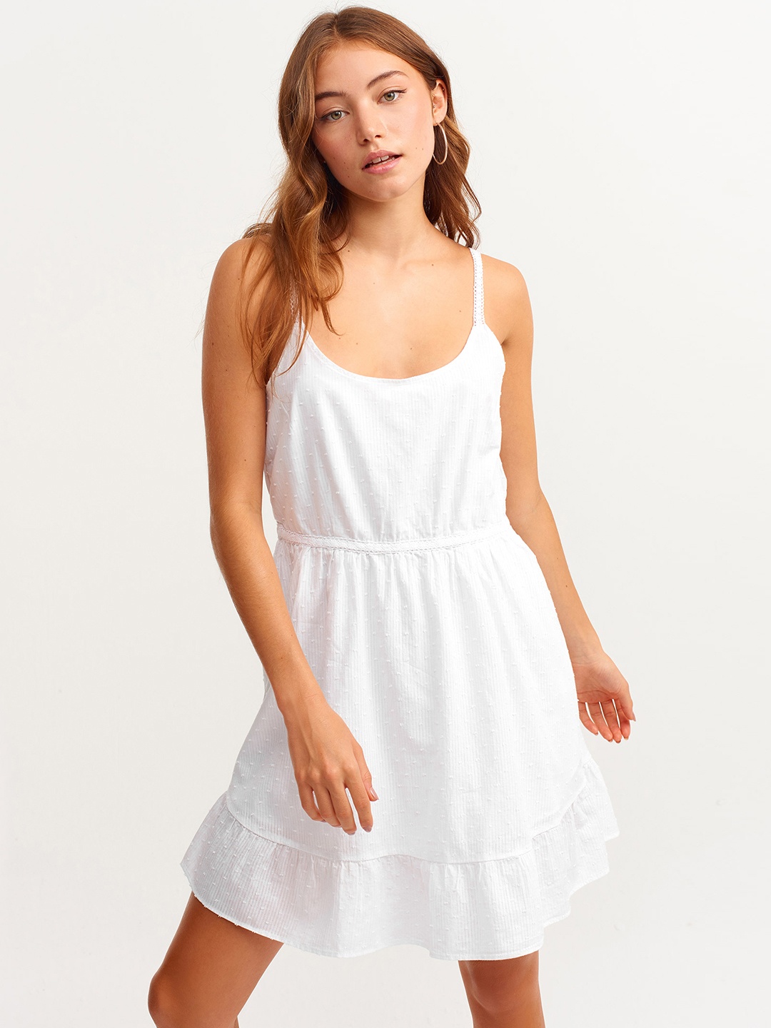 

OXXO Women White Self Design Dobby Pure Cotton A-Line Dress