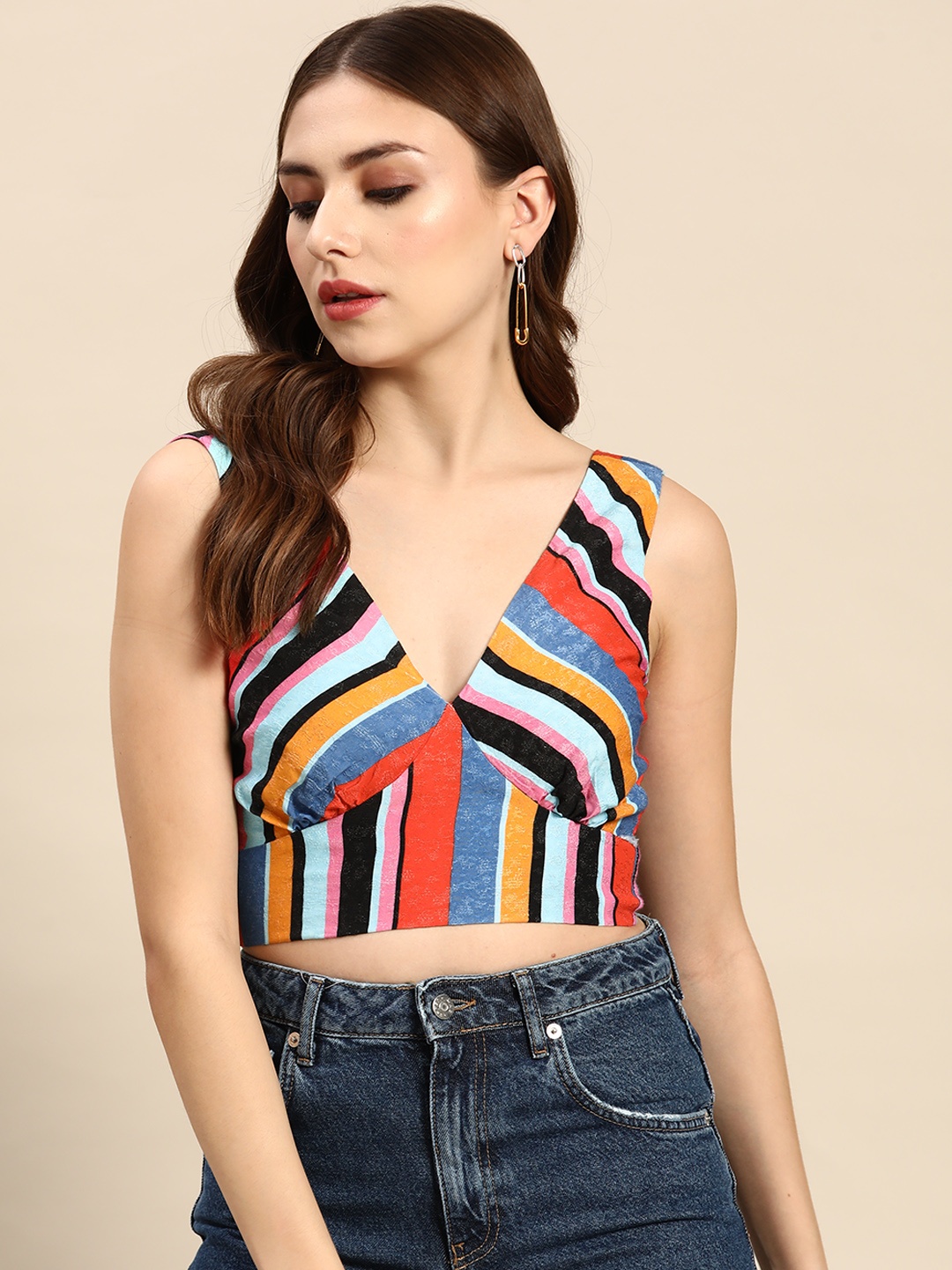 

OXXO Blue & Red V-Neck Striped Crop Top
